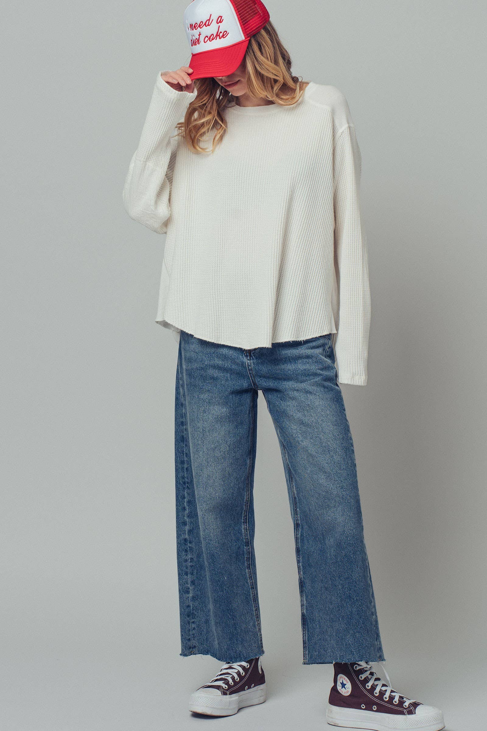 Oversized Waffle Knit High-Low Tunic Top