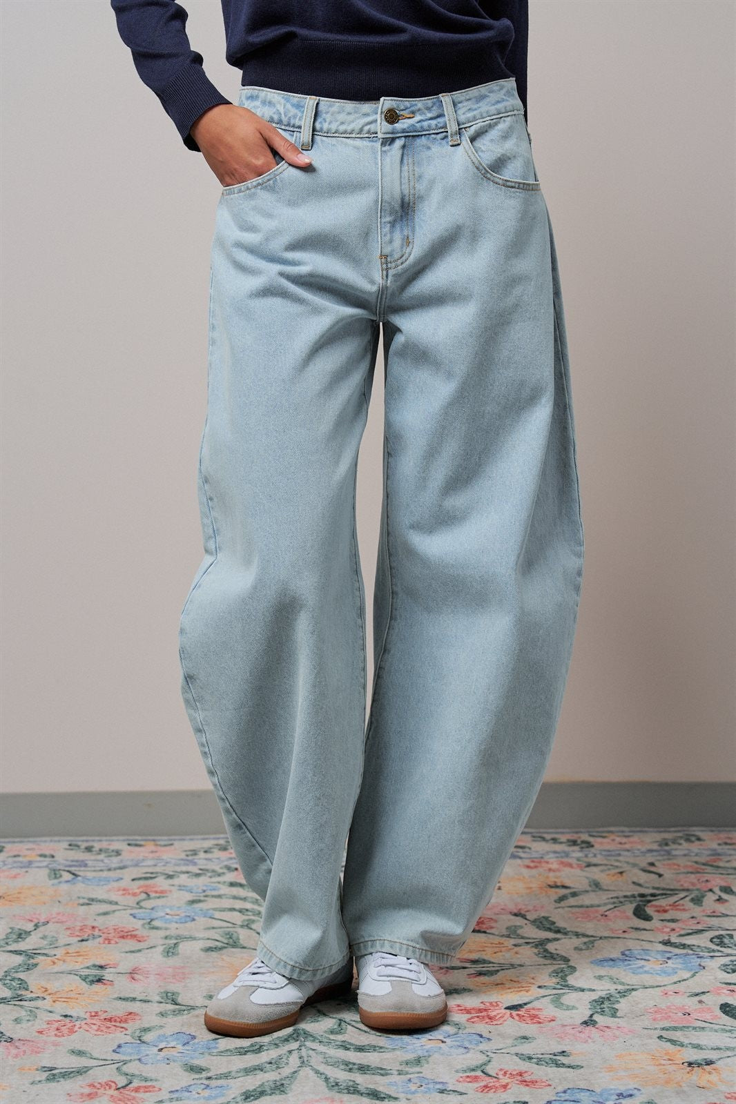 Light Wash Curved Barrel Leg Wide Jeans in LT BLUE - Women's Casual Pants | Urban Daizy