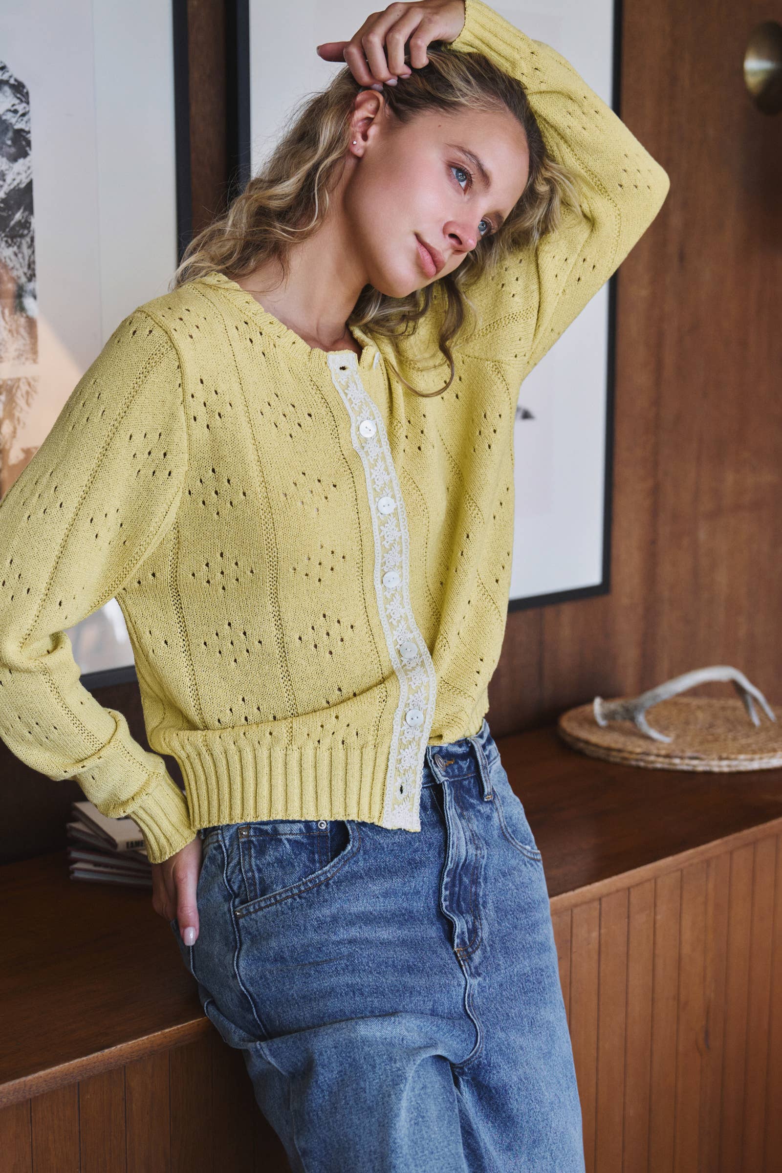 Urban Daizy Pointelle Knit Cardigan Lace Trim Button Down Green Cardigan - Women's (UDZ-KN-01051) – alternate view 2