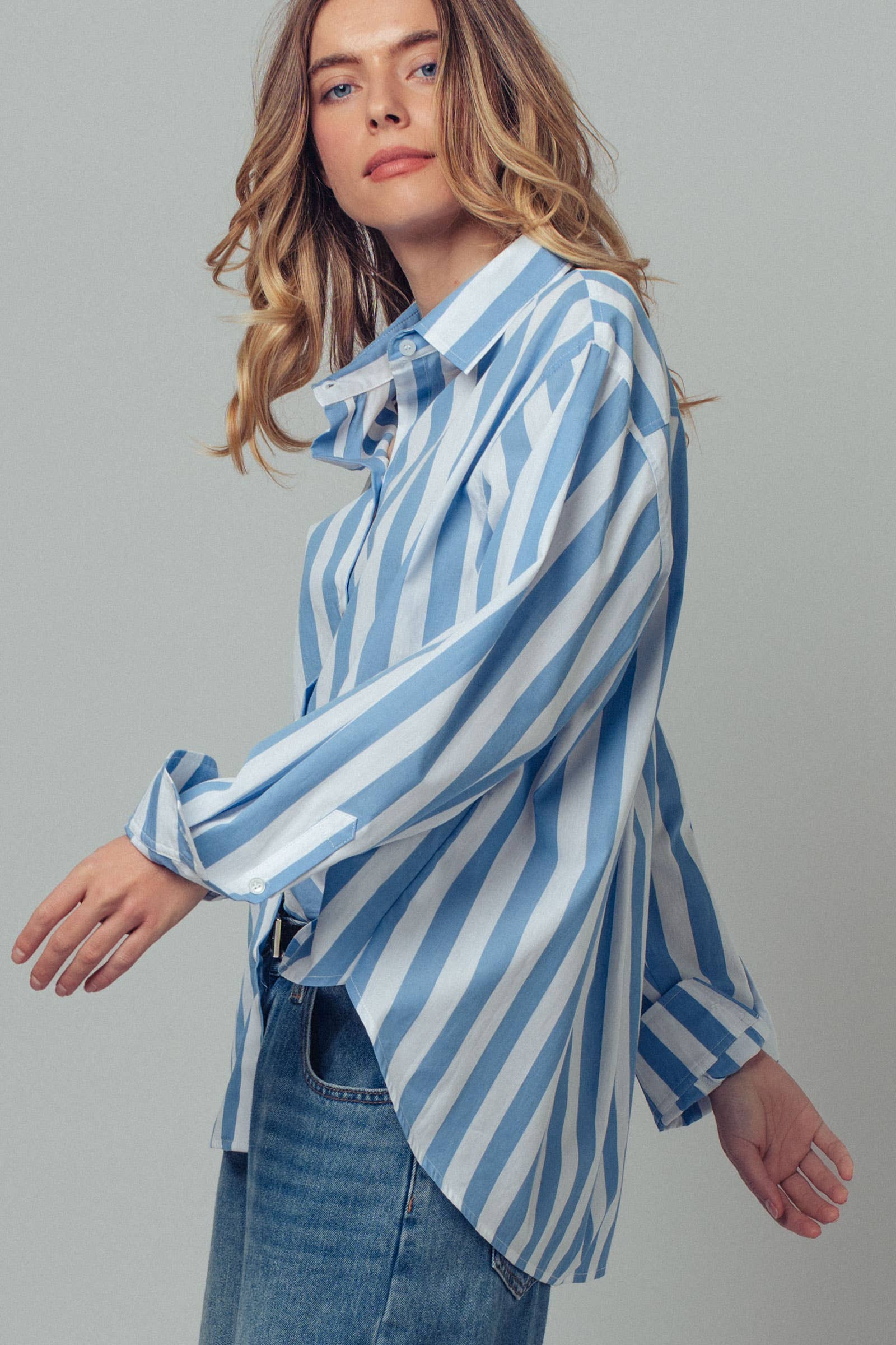 Urban Daizy Oversized Stripe Button Down Collared Shirt Blue Button Down Shirt - Women's (UDZ-TP-00759) – alternate view 3