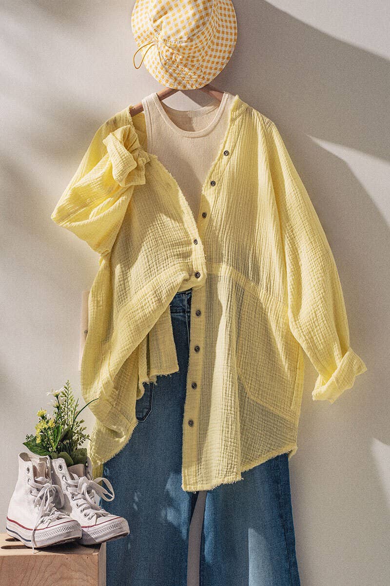 Raw Hem Crinkle Cotton Button-Down Shirt