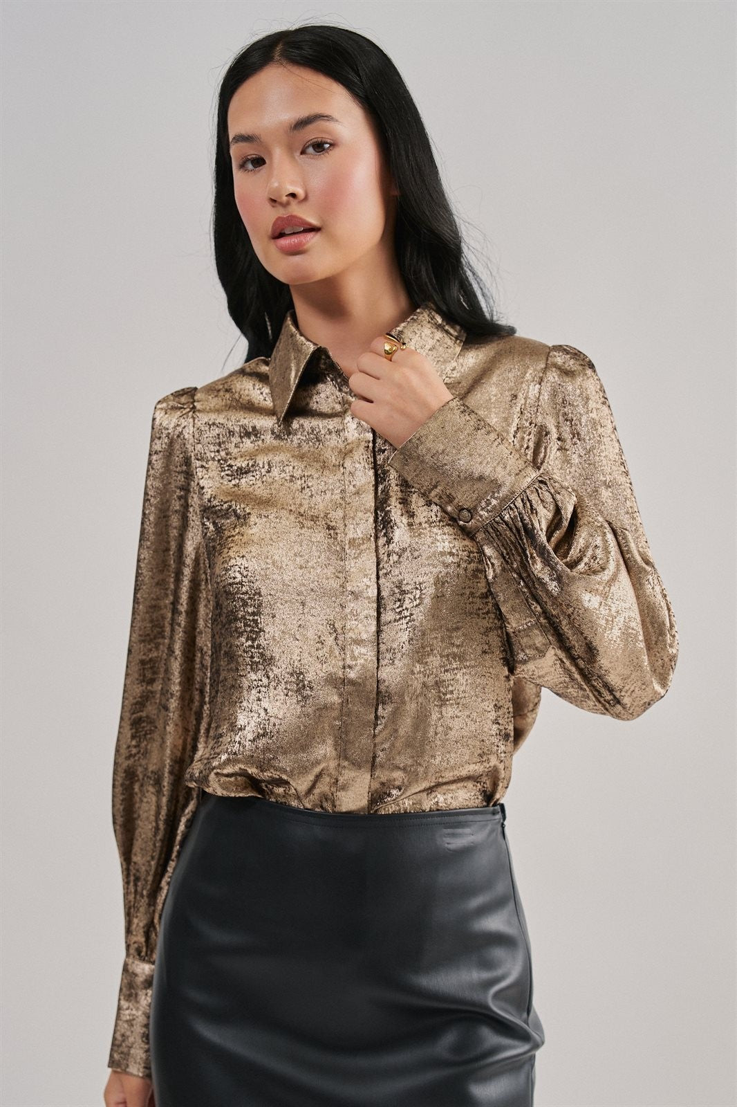 Metallic Shimmer Button Down Blouse with Puff Sleeves in GOLD - Women's Shirts & Blouses | Urban Daizy