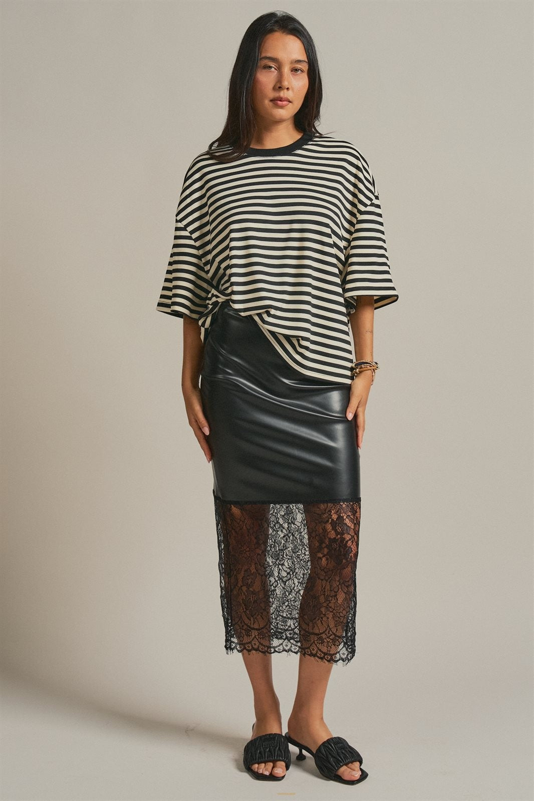 Oversized Striped Contrast Neck Boxy Tee