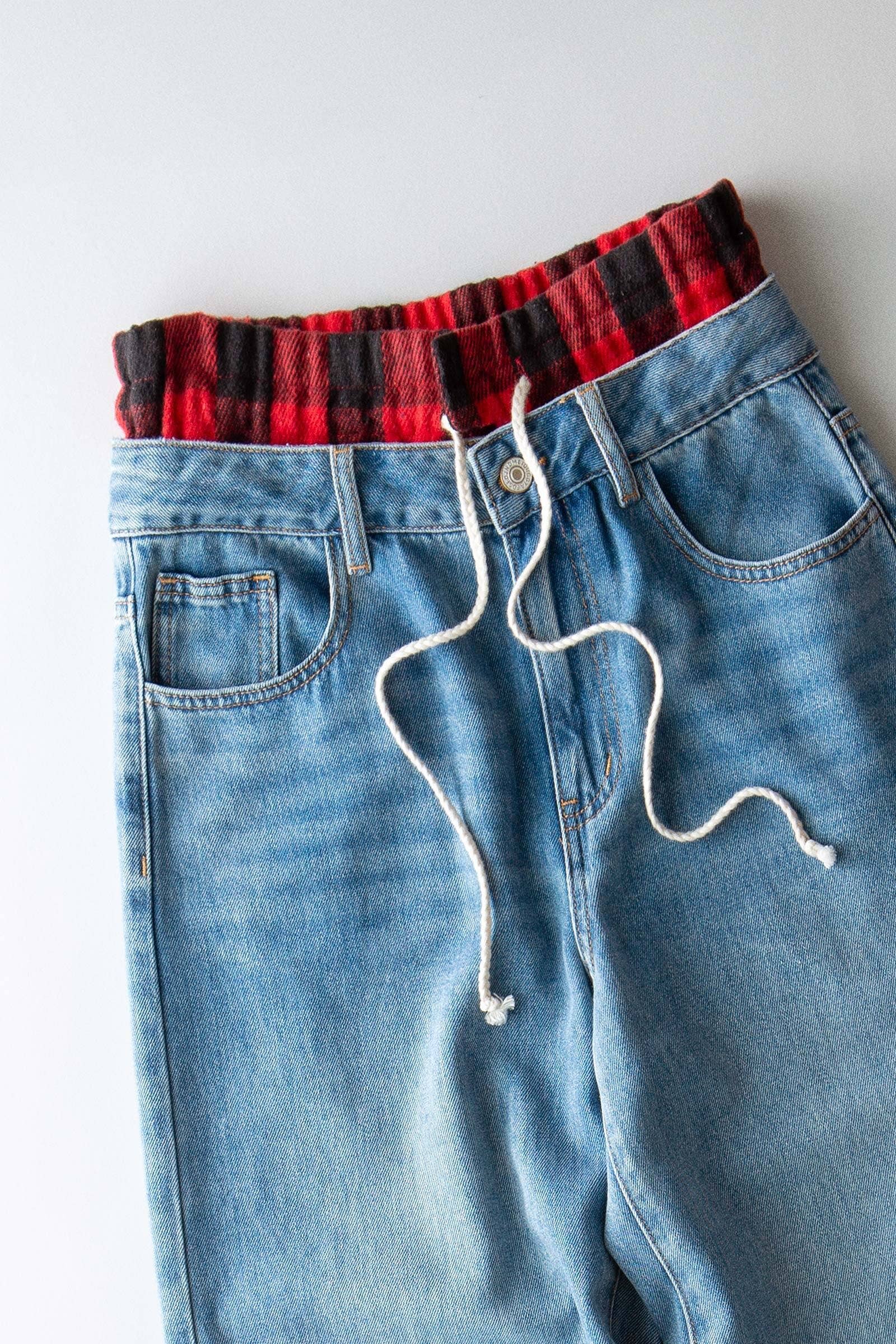 Flannel Waistband Contrast Drawstring Denim Pants