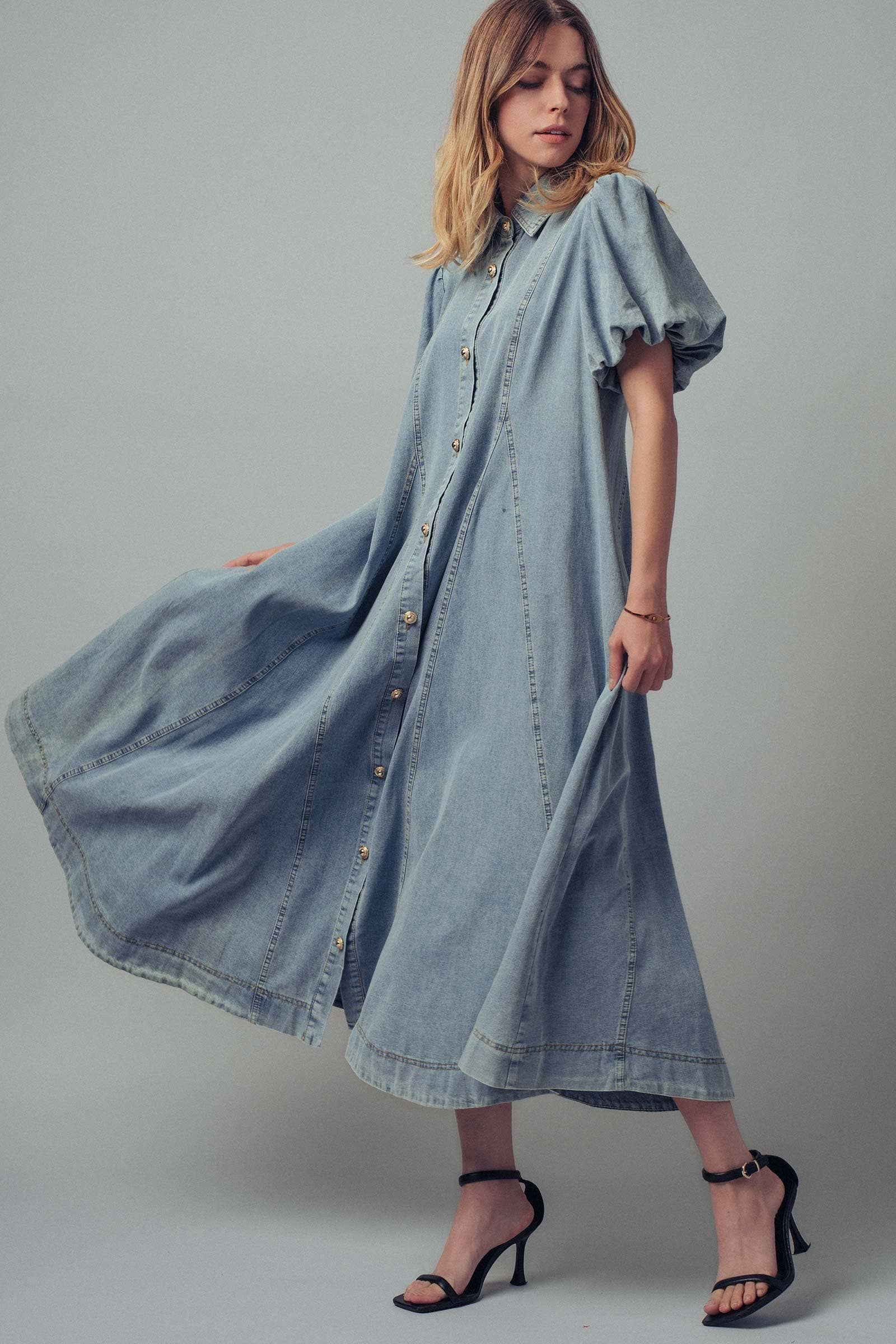 Urban Daizy Puff Sleeve A-Line Denim Maxi Dress Lt-Denim Dress - Women's (UDZ-DR-00392) – alternate view 2