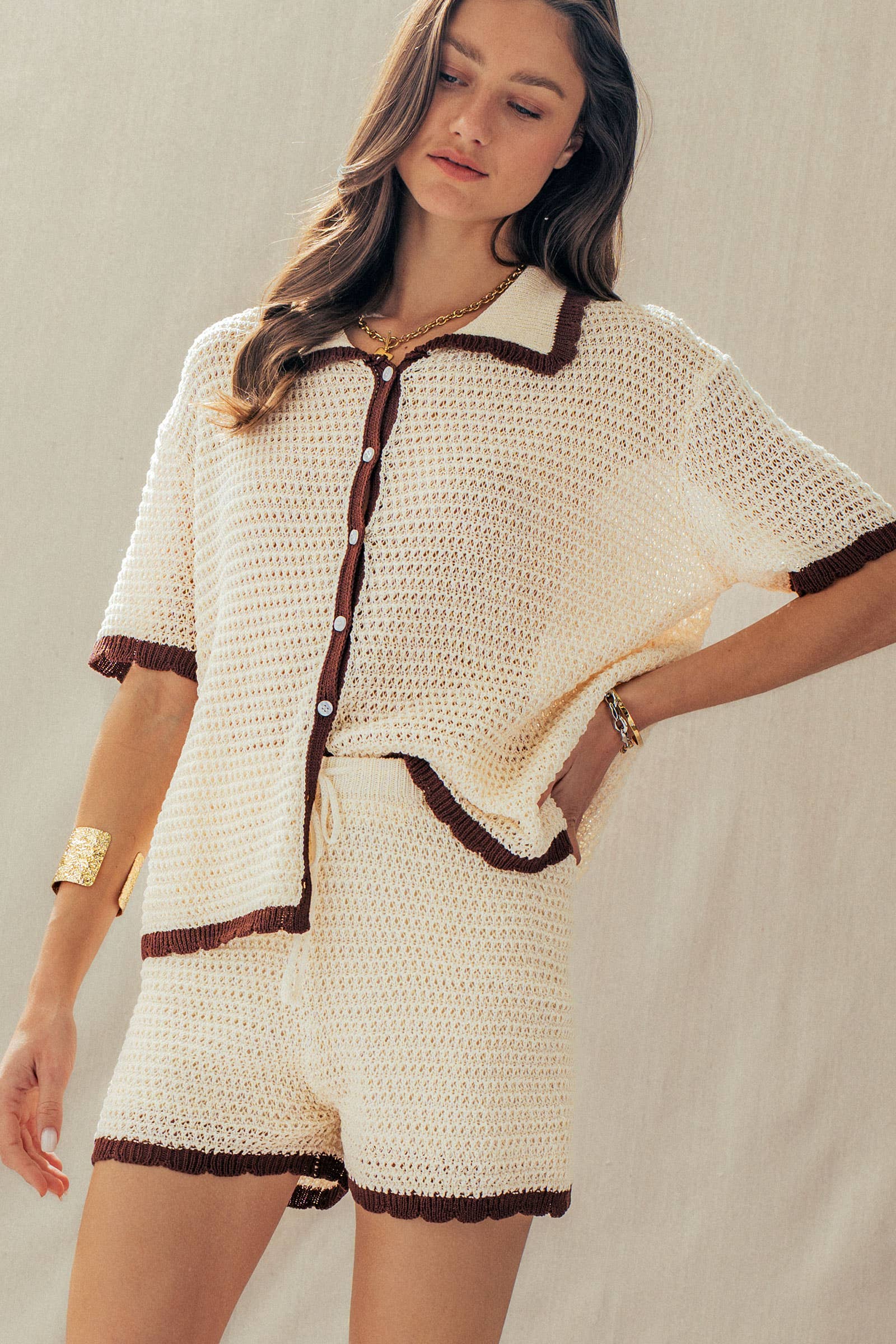 Urban Daizy Contrast Trim Crochet Knit Two-Piece Set Ivory-Brown Lounge Set - Women's (UDZ-AC-00233) – alternate view 10