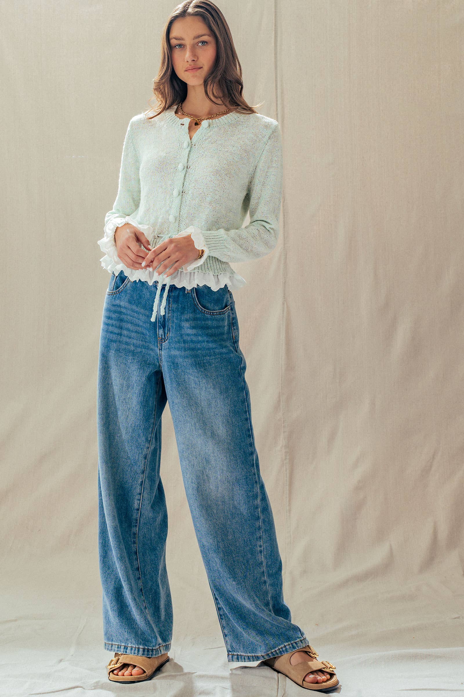Eyelet Trim Peplum Drawstring Cardigan