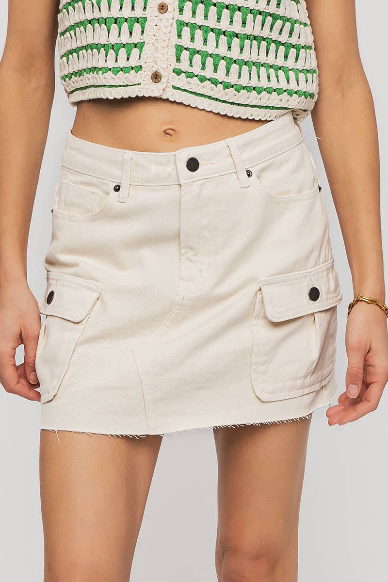 High Rise Raw Hem Utility Pocket Mini Cargo Skirt