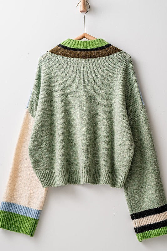 Paneled Hues Knit Sweater in BLUE SAGE - Women's Sweaters | Urban Daizy