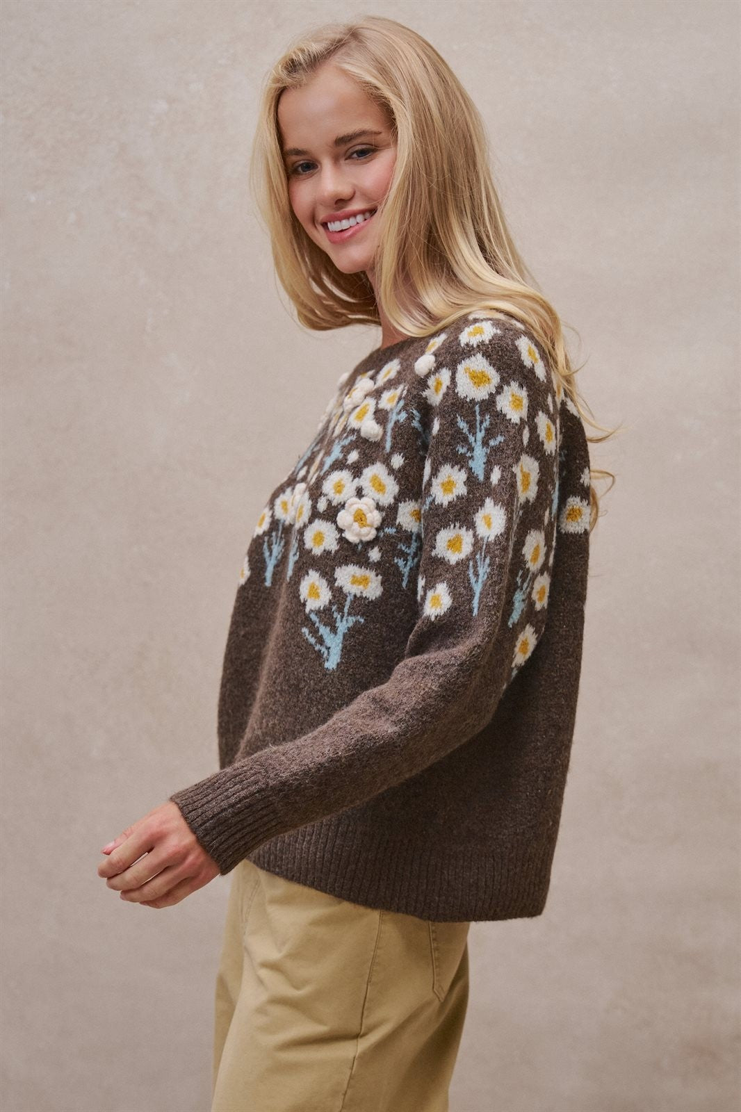 Embossed Floral Knit Sweater in BROWN - Women's Sweaters | Urban Daizy