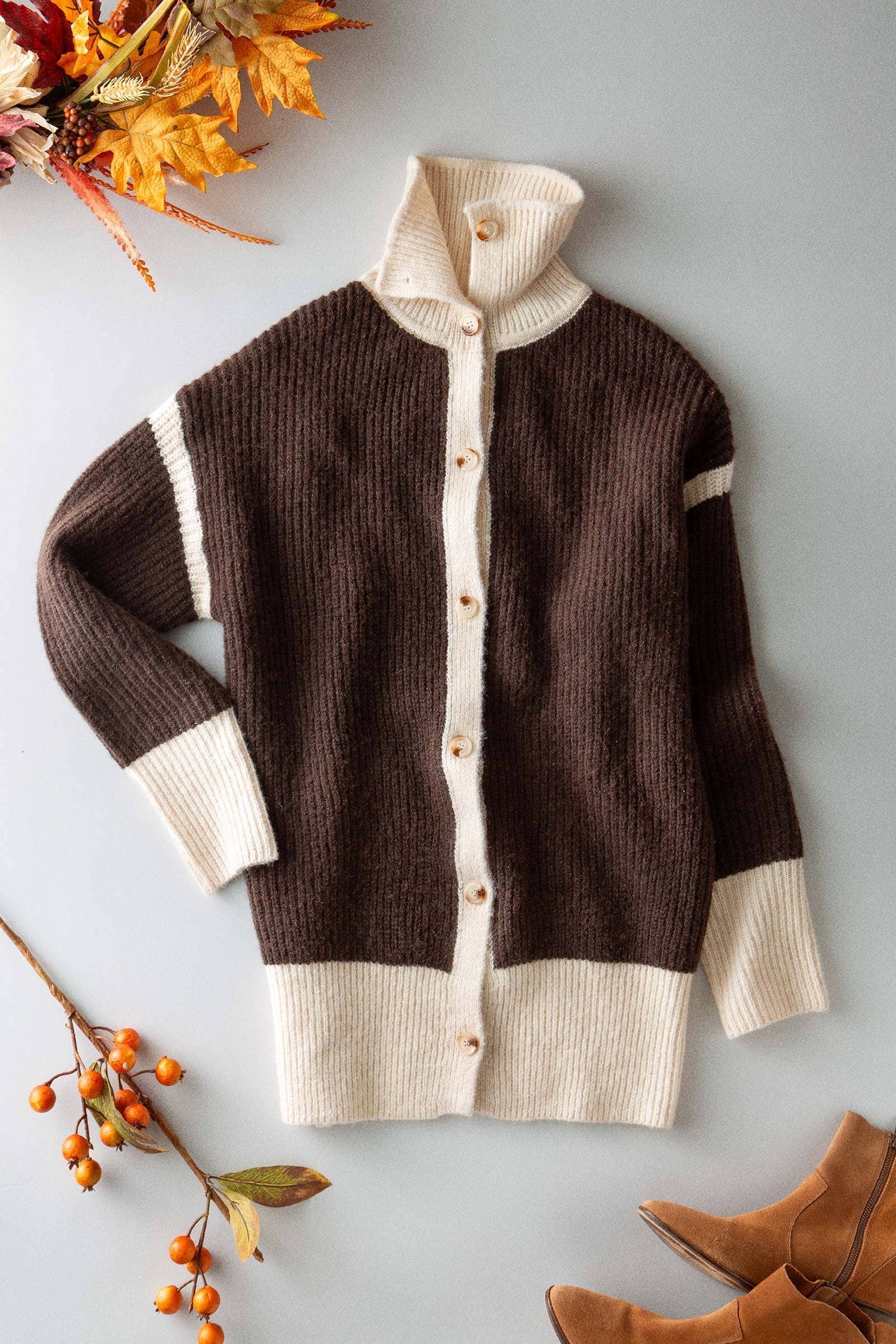 Urban Daizy Contrast Trim Collared Sweater Cardigan Brown Cardigan - Women's (UDZ-TP-00814)