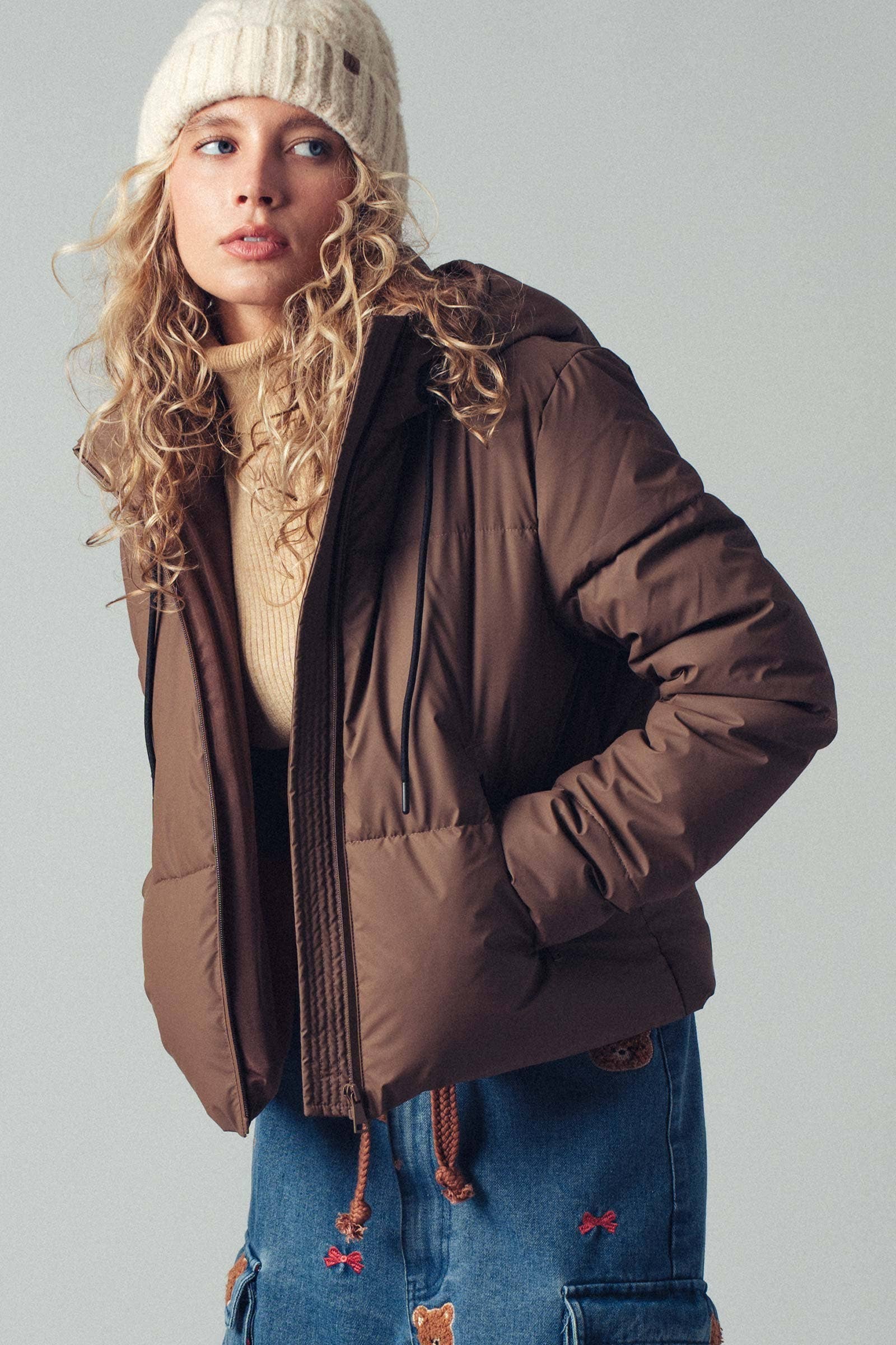 Urban Daizy Cozy Drawstring Hooded Puffer Jacket Black Puffer Jacket - Women's (UDZ-KN-00653) – alternate view 4
