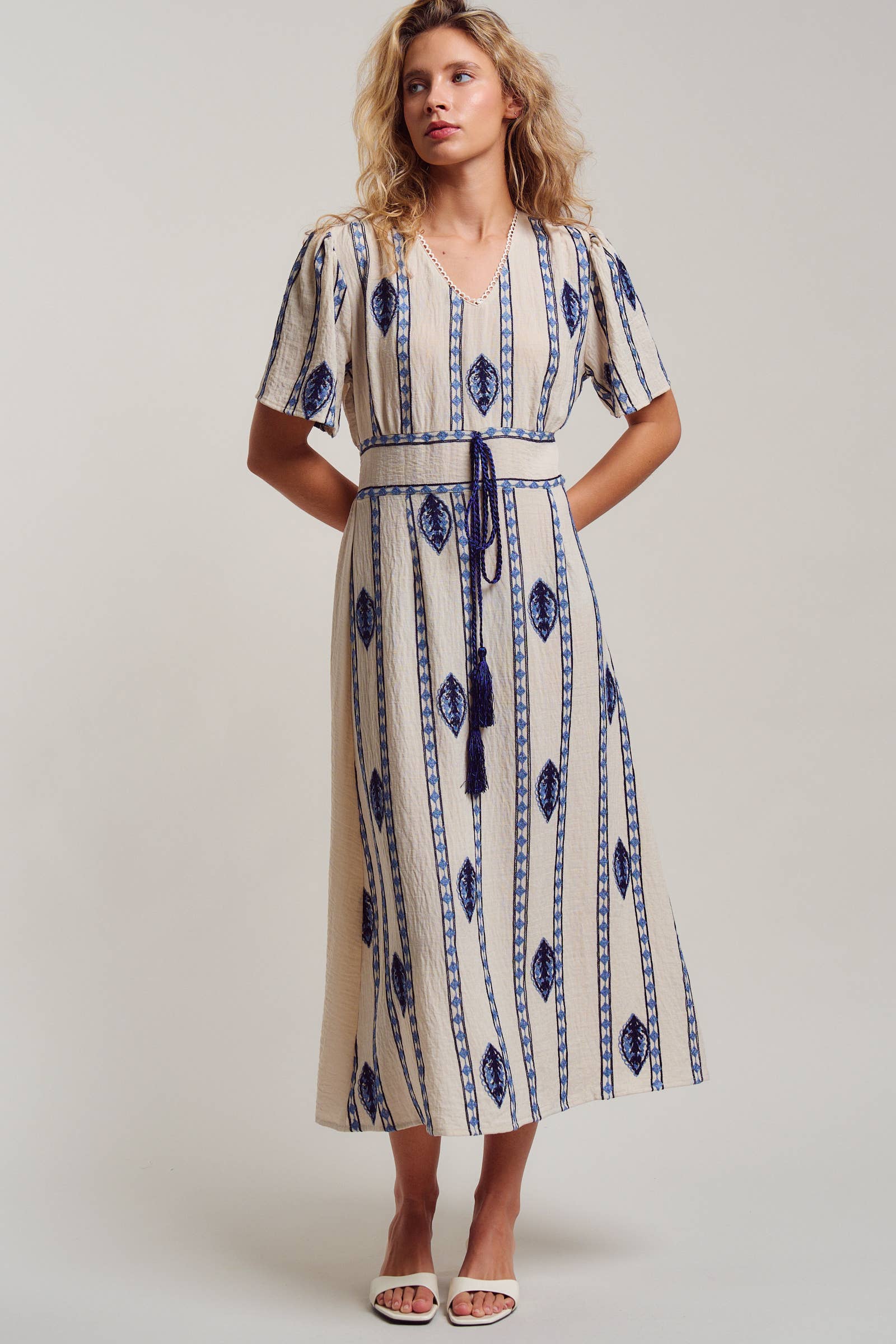 Geometric Embroidered Linen Blend Midi Dress