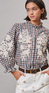 Floral Embroidered Gingham Blouse in Romantic Prairie Style in BROWN NAVY - Women's Graphic T-shirts | Urban Daizy