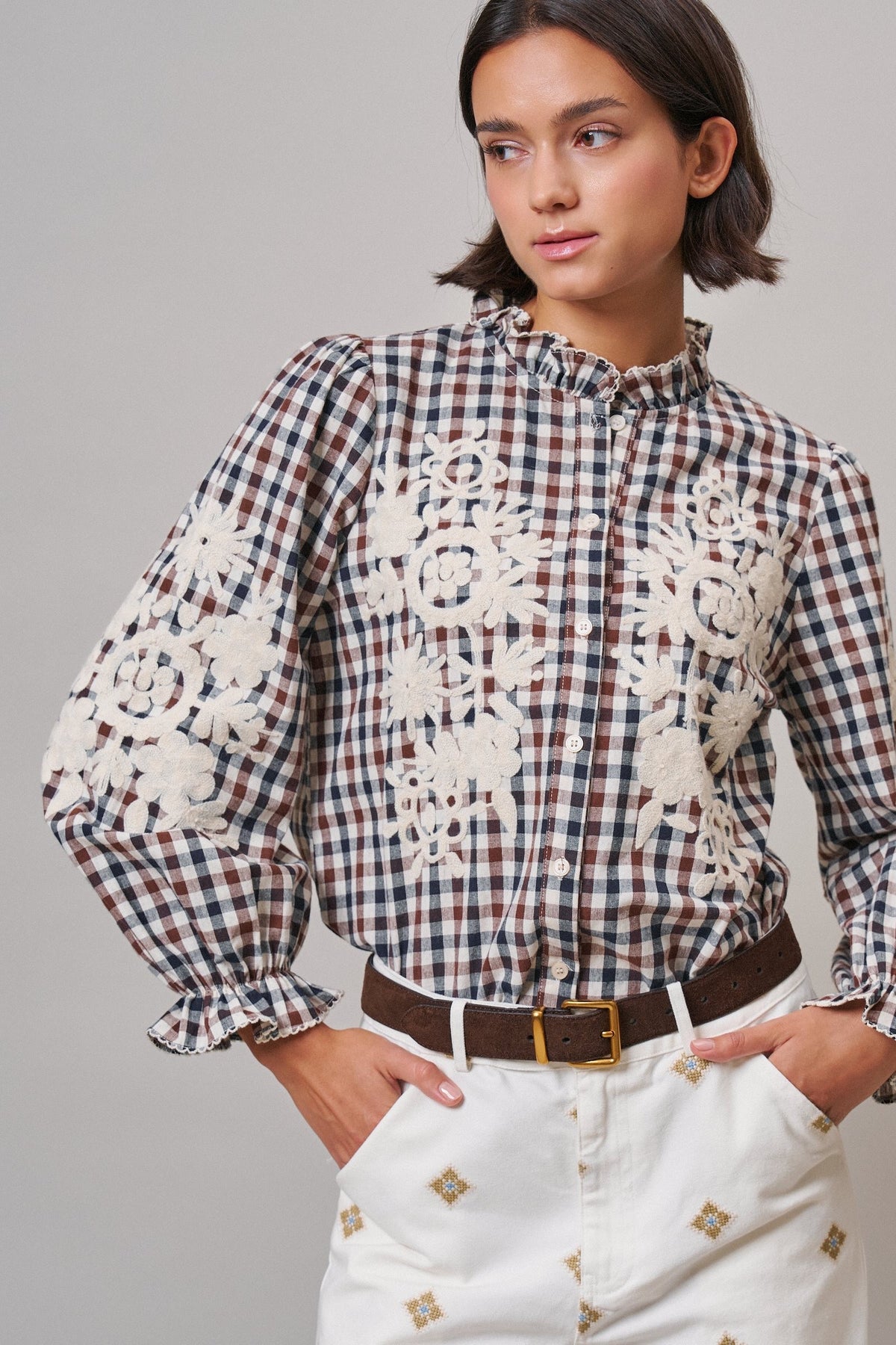 Floral Embroidered Gingham Blouse in Romantic Prairie Style in BROWN NAVY - Women's Graphic T-shirts | Urban Daizy