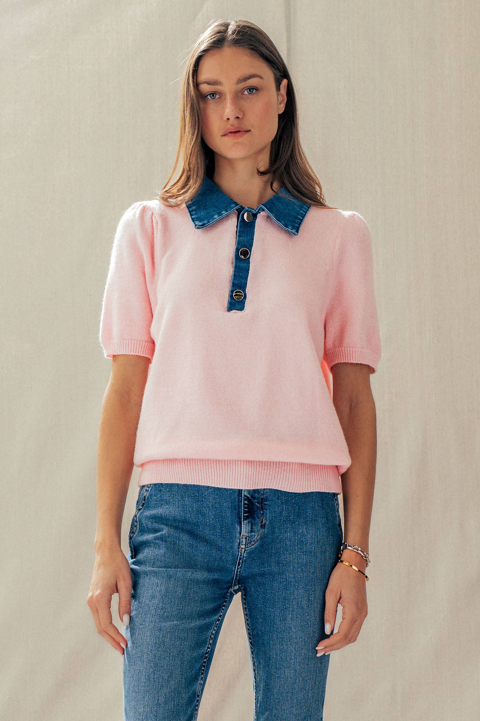 Contrast Denim Collar Knit Sweater Top