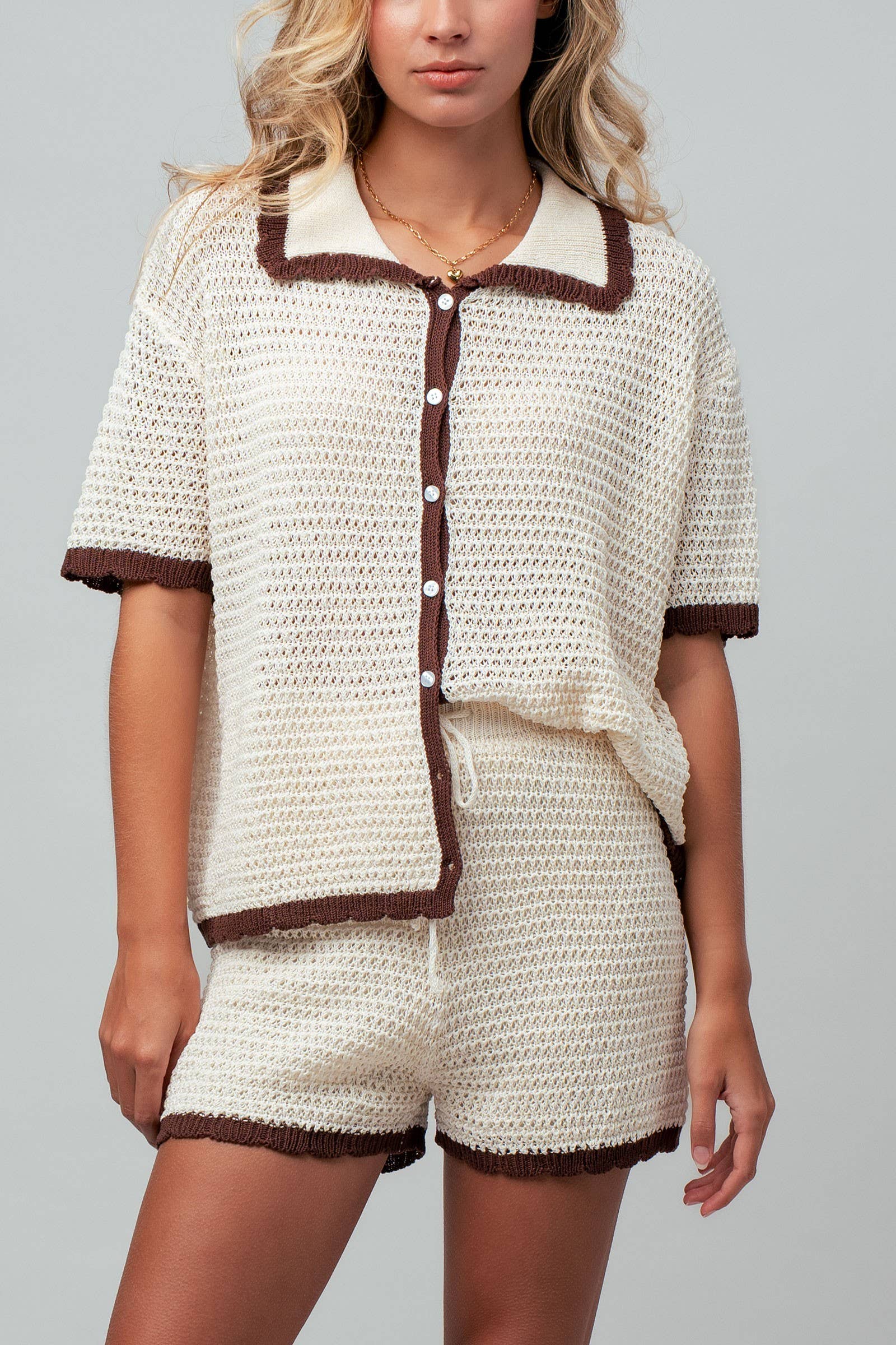 Urban Daizy Contrast Trim Crochet Knit Two-Piece Set Ivory-Brown Lounge Set - Women's (UDZ-AC-00233) – alternate view 12