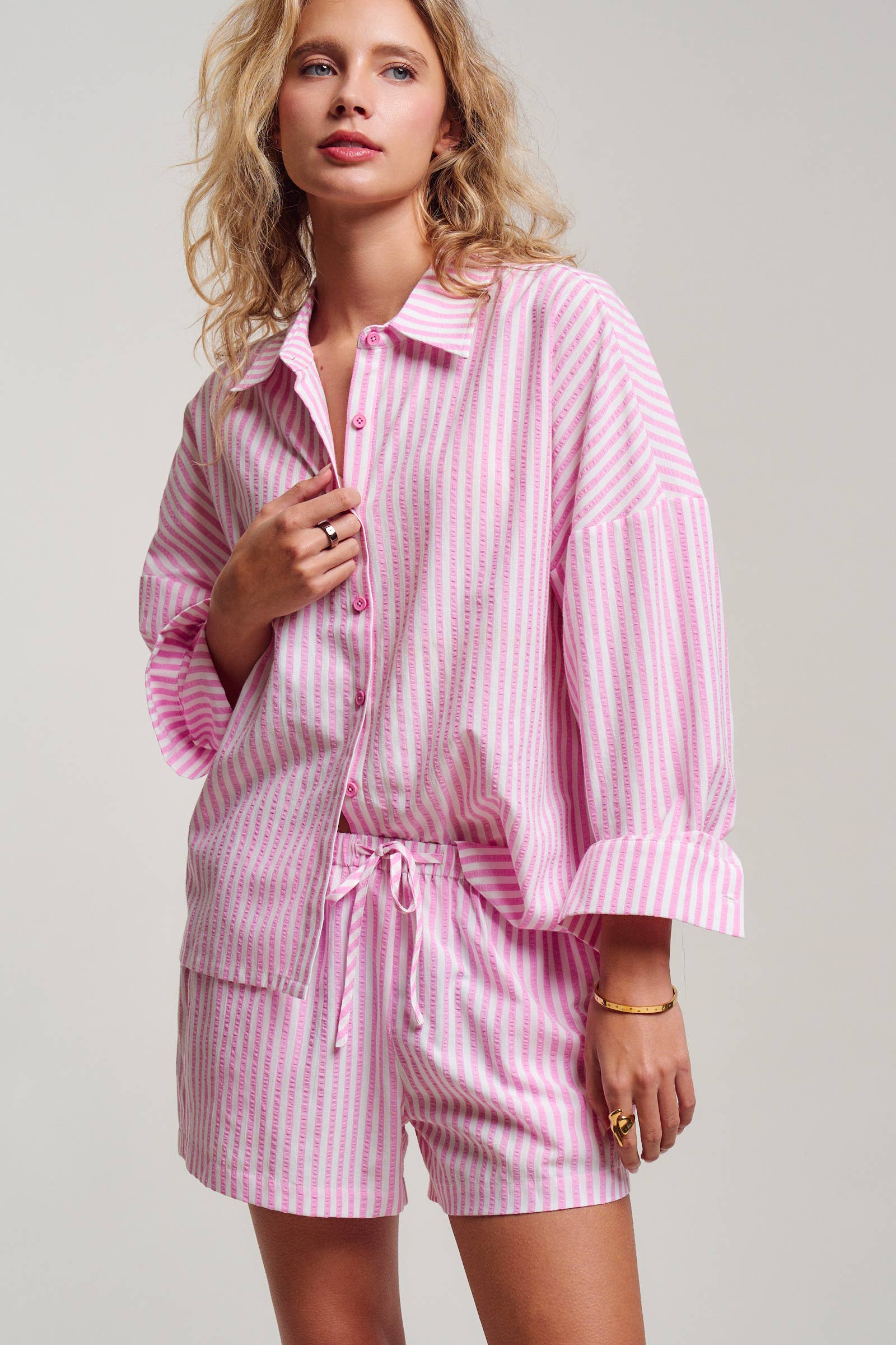 Urban Daizy Striped Seersucker Button-Down Shirt & Shorts Set Blue Lounge Set - Women's (UDST0148-Blue) – alternate view 8