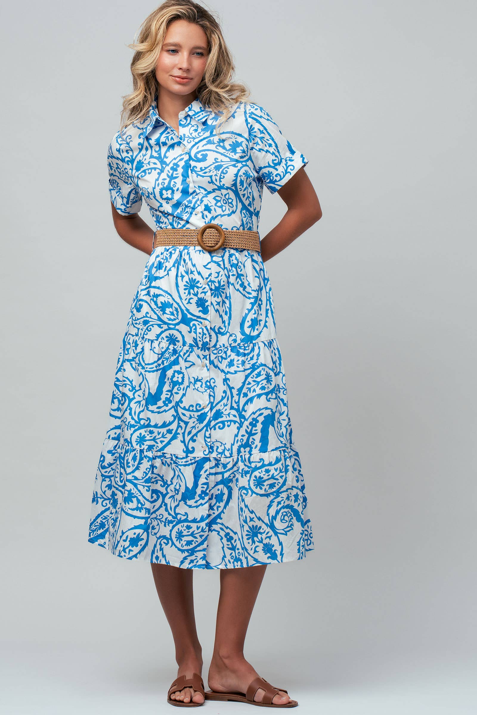Paisley Cotton Belted Tiered Midi Shirt Dress