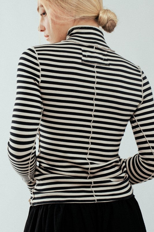 Classic Striped Long Sleeve Turtleneck Top in BLACK - Women's T-Shirts & Polos | Urban Daizy