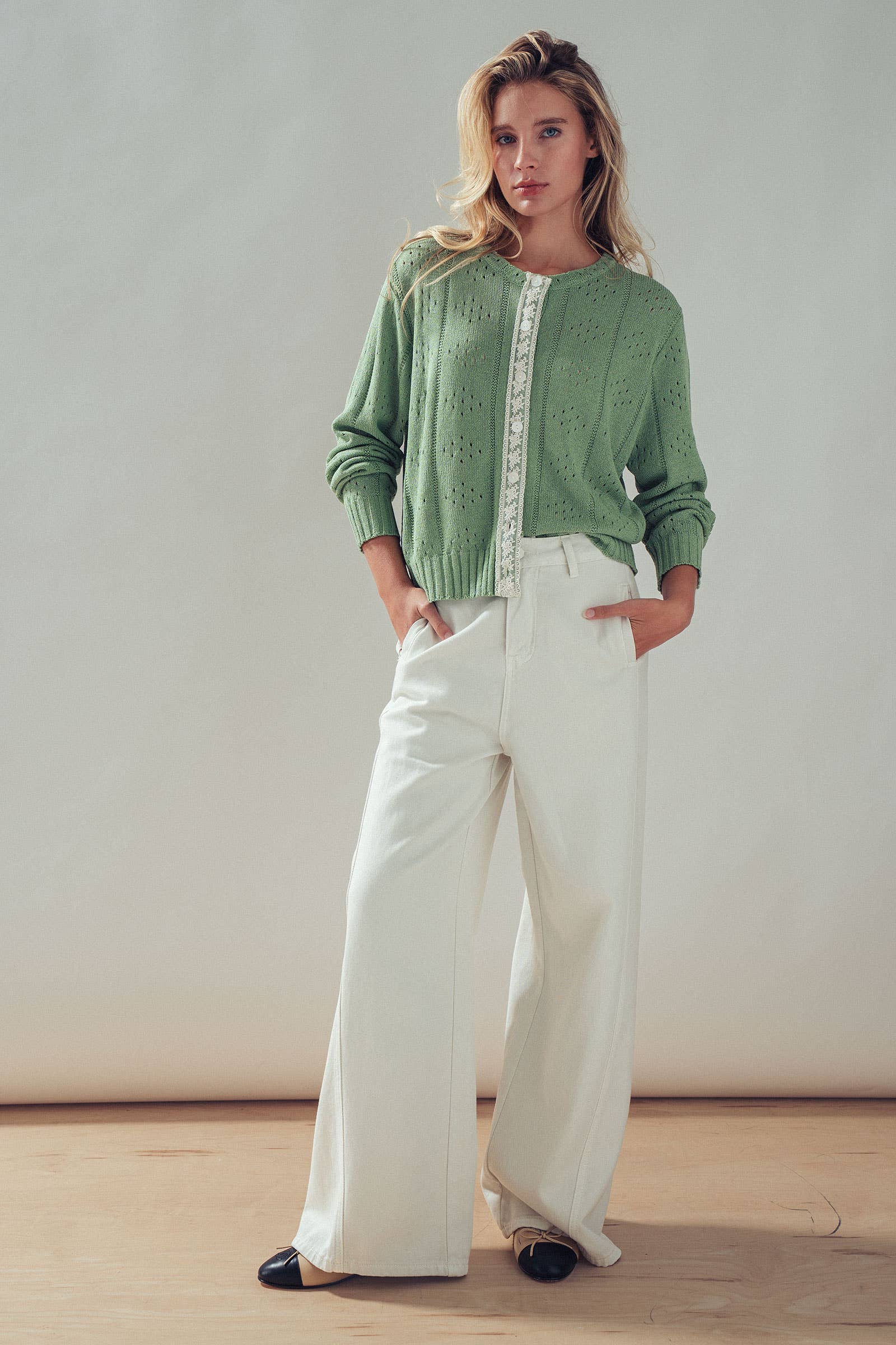 Urban Daizy Pointelle Knit Cardigan Lace Trim Button Down Green Cardigan - Women's (UDZ-KN-01051) – alternate view 12