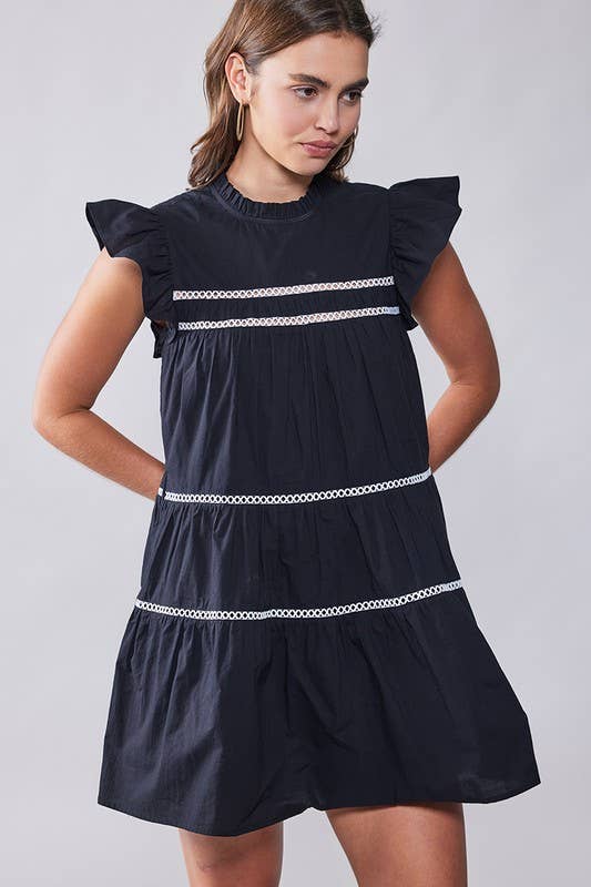 Urban Daizy Lace Trim Ruffle Sleeve Tiered Spring Mini Dress Black Dress - Women's (UDZ-DR-00204)