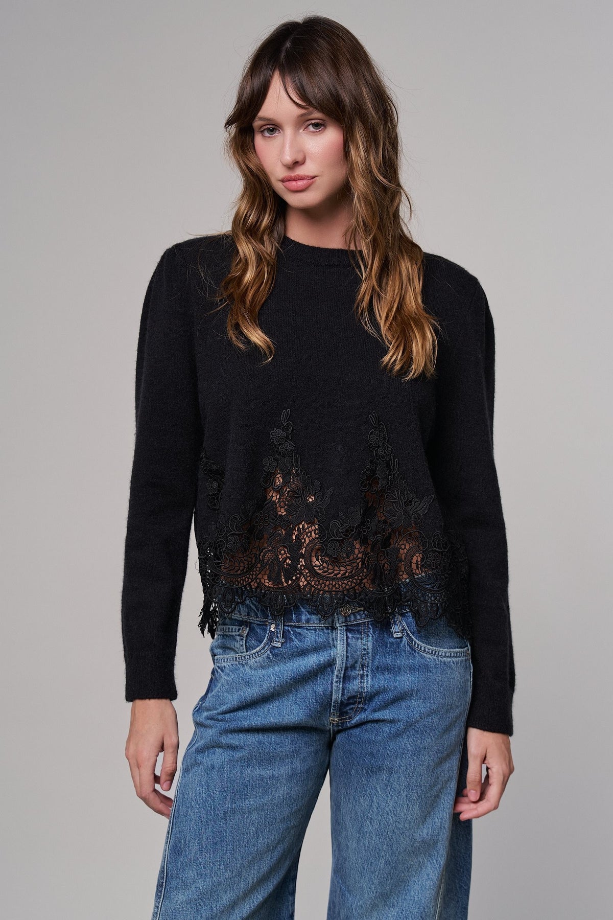 Lace Trim Knit Sweater with Floral Hem Detail in BLACK - Women's Sweaters | Urban Daizy