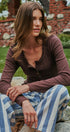 Ribbed Henley Top with Crochet Trim Neckline in BROWN - Women's T-Shirts & Polos | Urban Daizy