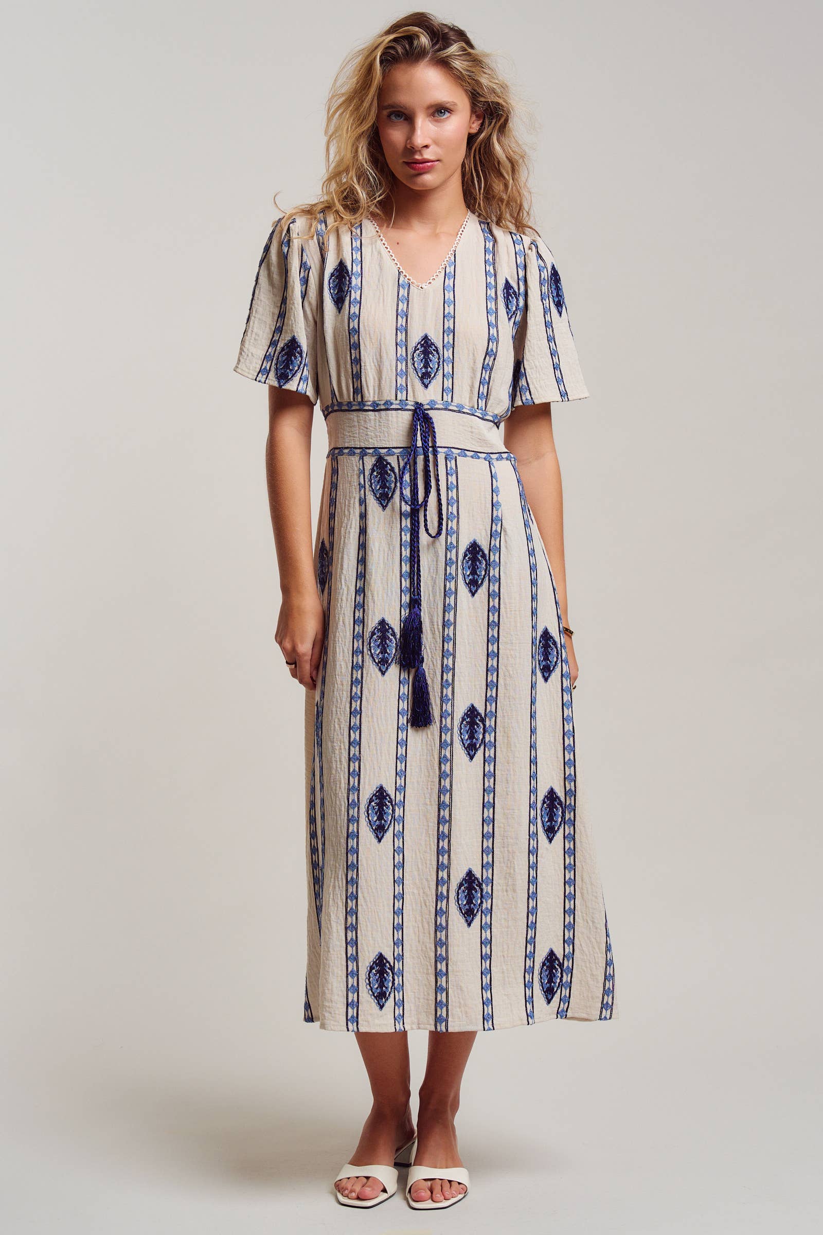 Geometric Embroidered Linen Blend Midi Dress