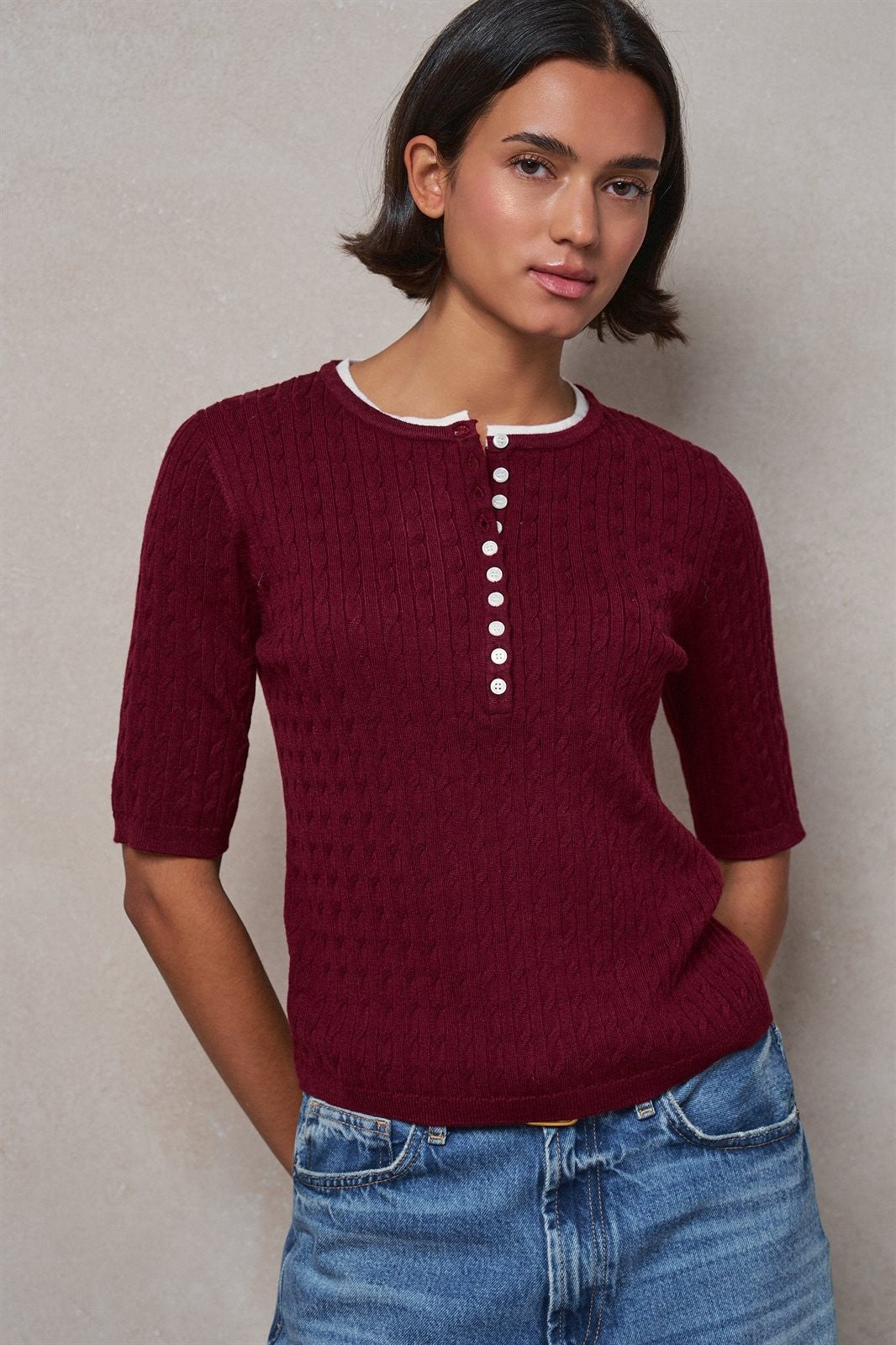 Wool Blend Cable Knit Henley with Contrast Neckline in BURGUNDY - Women's Sweaters | Urban Daizy