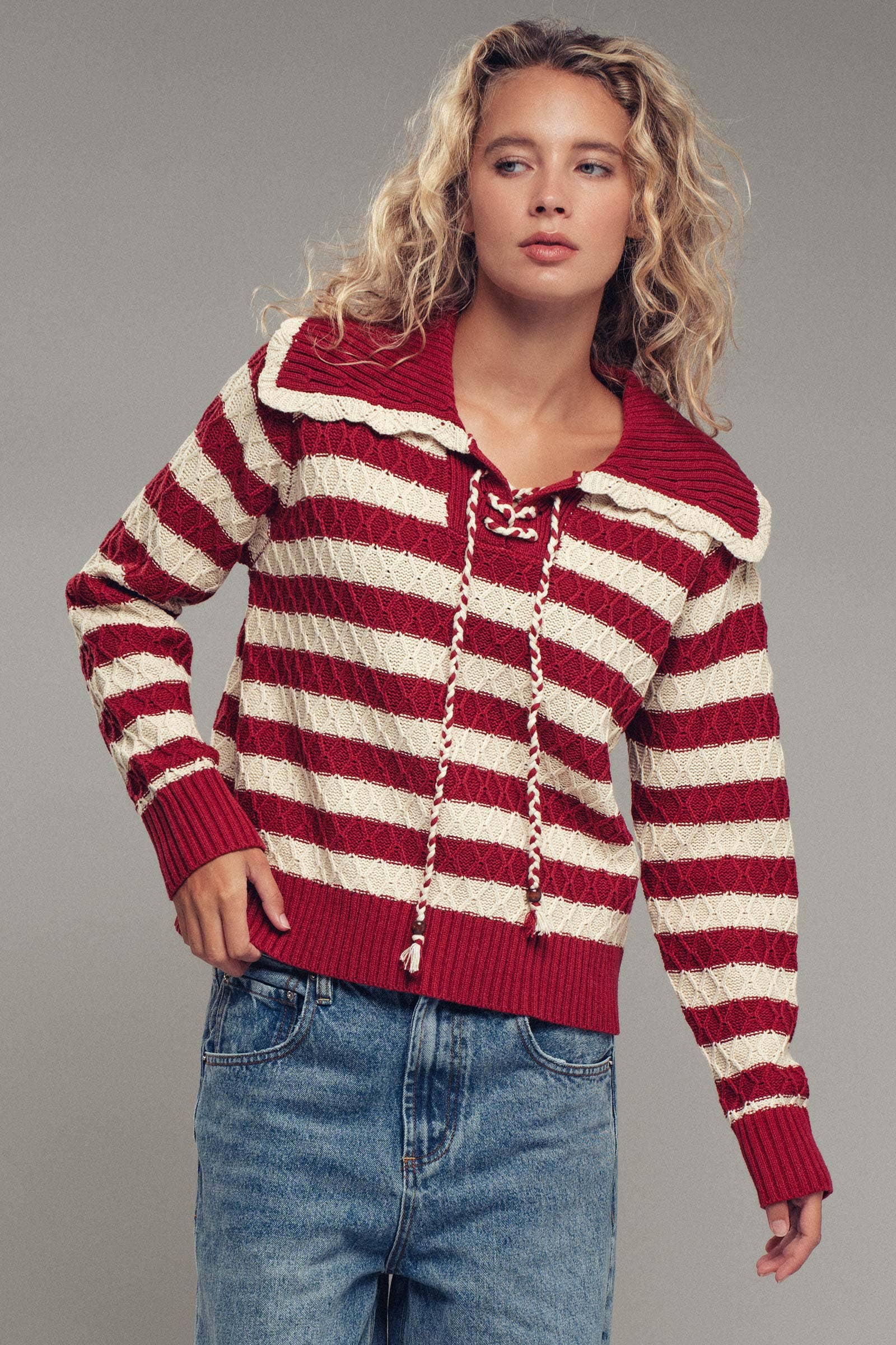 Lace-Up Cable Knit Striped Sweater Top