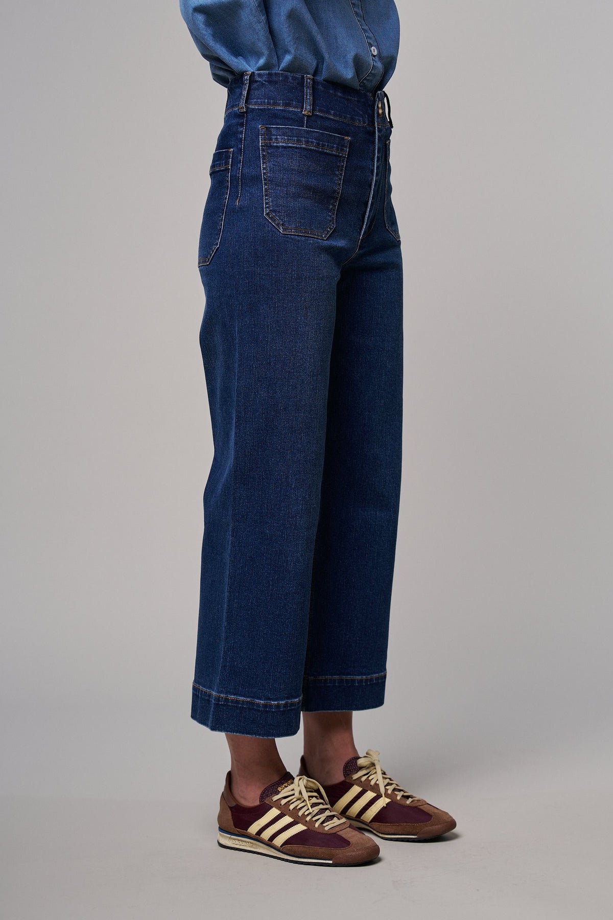 High Waist Wide Leg Denim with Patch Pockets in DENIM - Women's Casual Pants | Urban Daizy