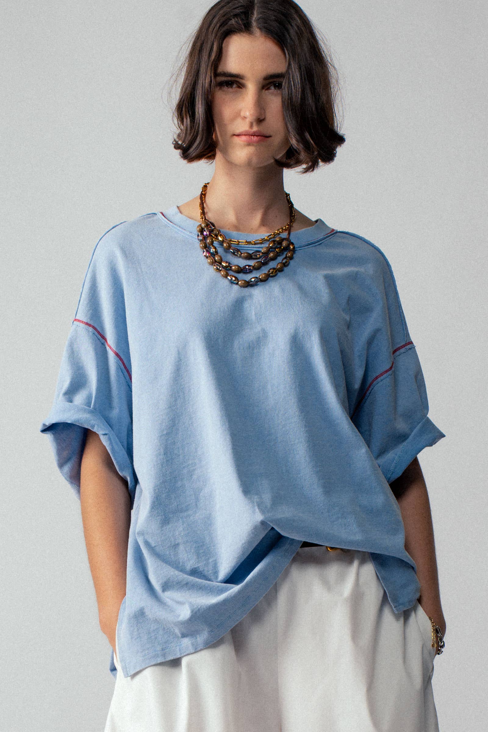 Urban Daizy Contrast Stitch Mineral Wash Spring Oversized Tee Blue T-Shirt - Women's (UDZ-TP-00755)