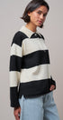 Striped Knit Rugby Polo Sweater in IVORY BLACK - Women's Sweaters | Urban Daizy
