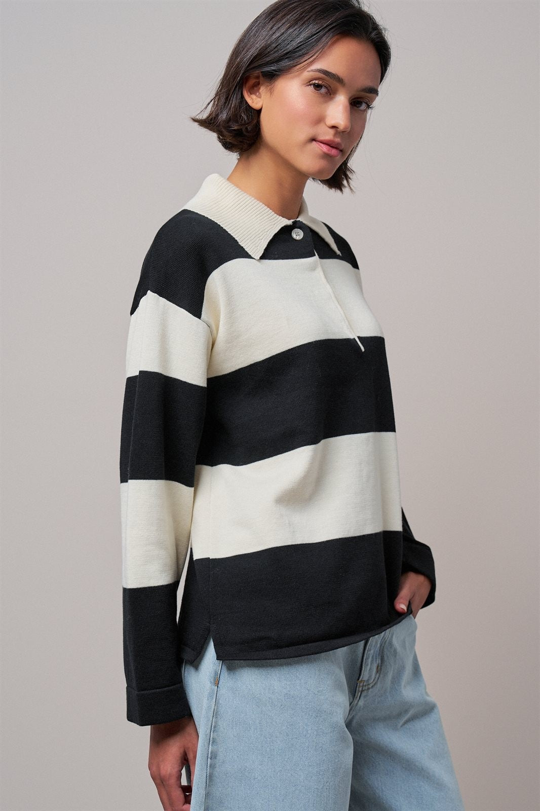 Striped Knit Rugby Polo Sweater in IVORY BLACK - Women's Sweaters | Urban Daizy