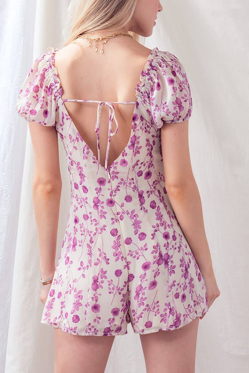 Urban Daizy Romantic Puff Sleeve Open Back Floral Romper Ivory Lavender Romper - Women's (UDZ-JR-00001) ������ï¿