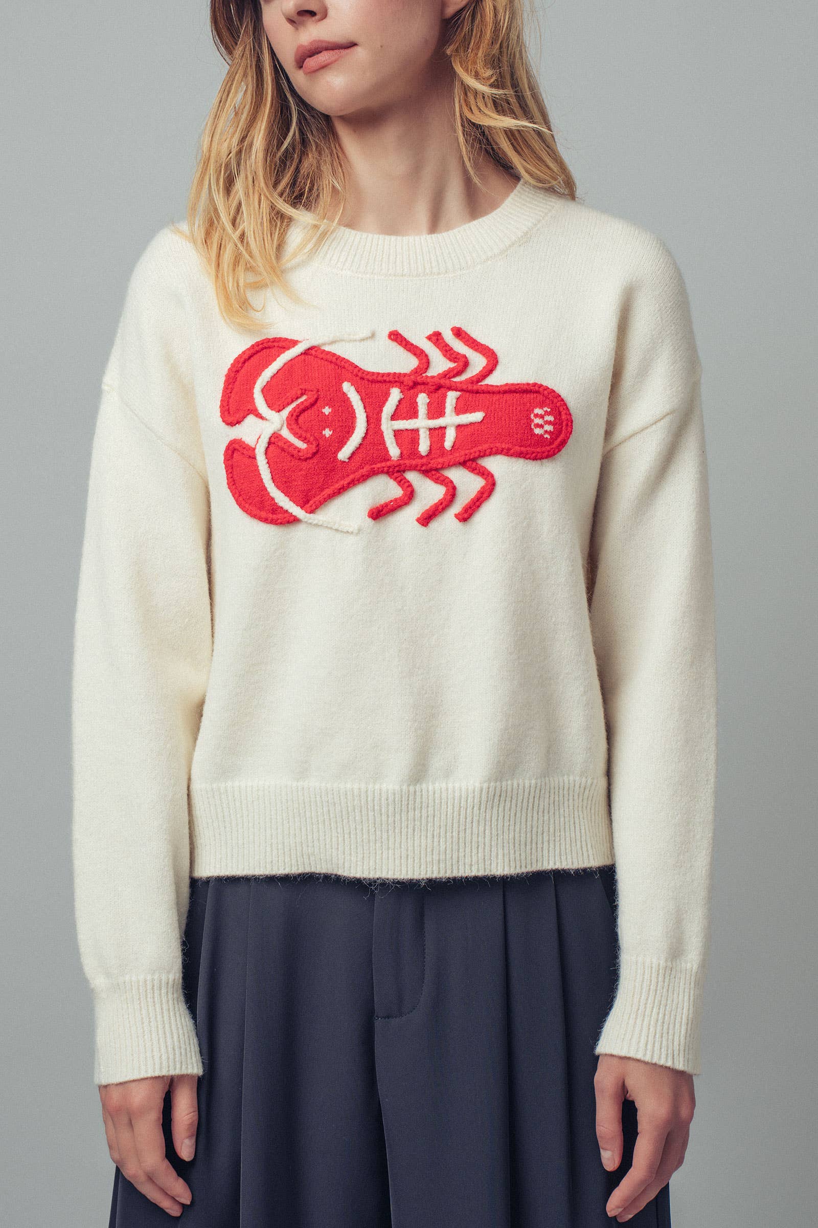 Urban Daizy Embroidered Red Lobster Nautical Statement Sweater Ivory Knit Sweater - Women's (UDZ-KN-00600) – alternate view 3