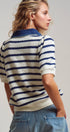 Urban Daizy Denim Collar Striped Textured Knit Puff Sleeve Polo Ivory-Blue Polo - Women's (UDTP1433-Ivory-Blue) – alternate view 5
