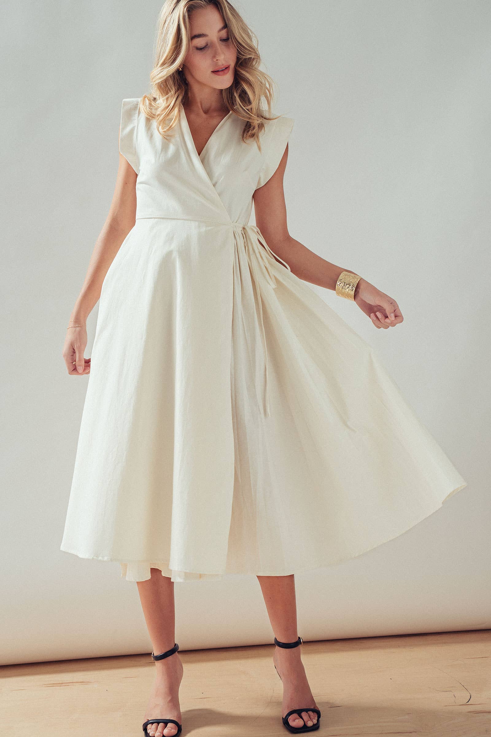 Collared Cap Sleeve Wrap Midi Dress