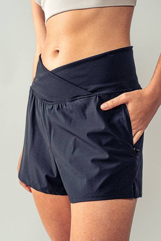 Urban Daizy Crossover Waist Athletic Yoga Shorts Black Athletic Shorts - Women's (UDZ-PT-00225) – alternate view 3