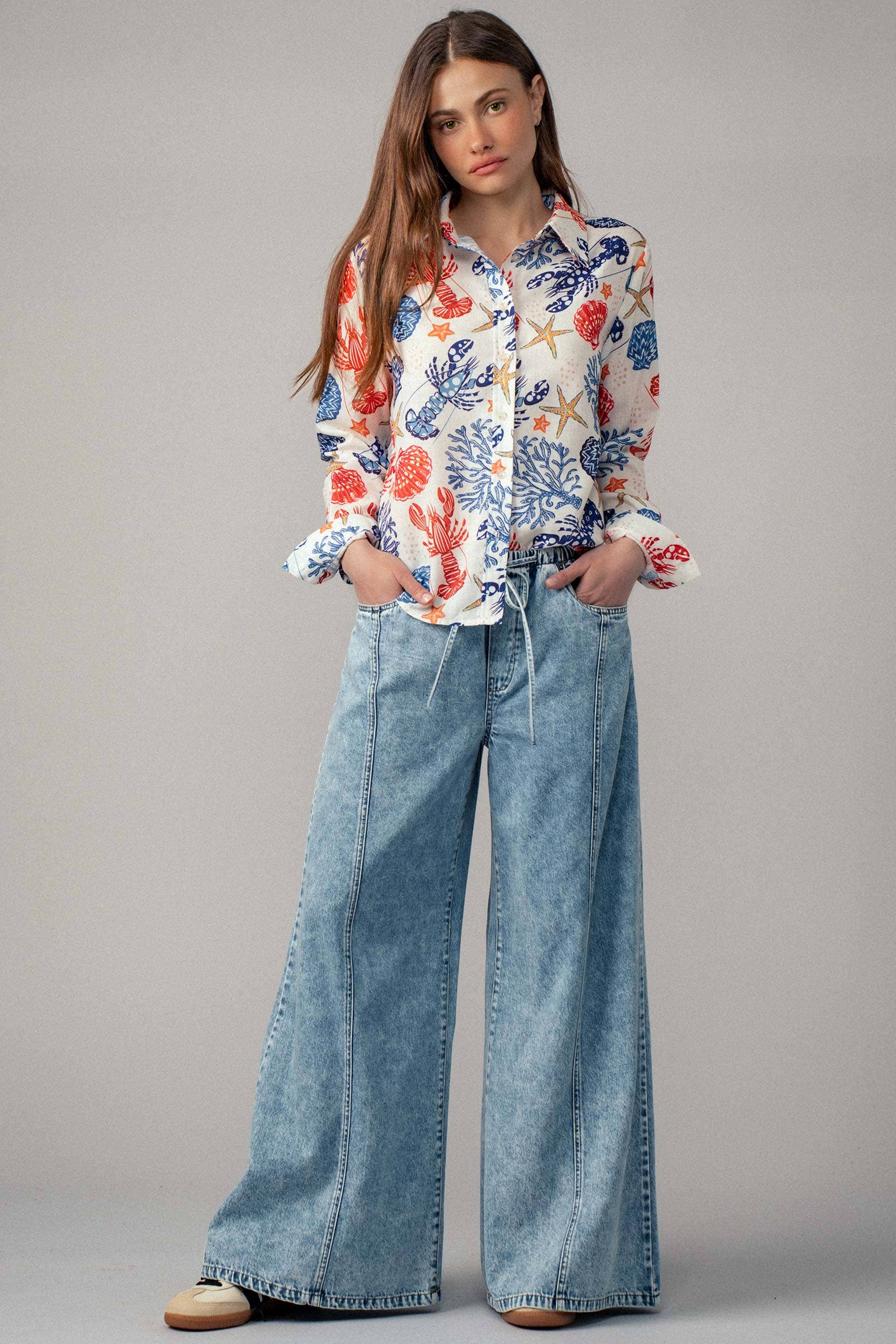 Relaxed Wide Leg Drawstring Western Pants