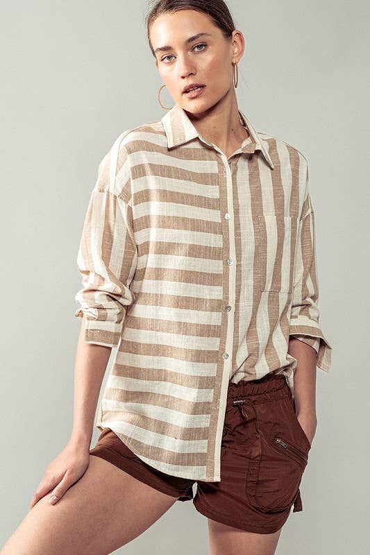 Urban Daizy Mixed Stripe Pattern Oversized Button Down Shirt Taupe Button Down Shirt - Women's (UDZ-TP-00049)