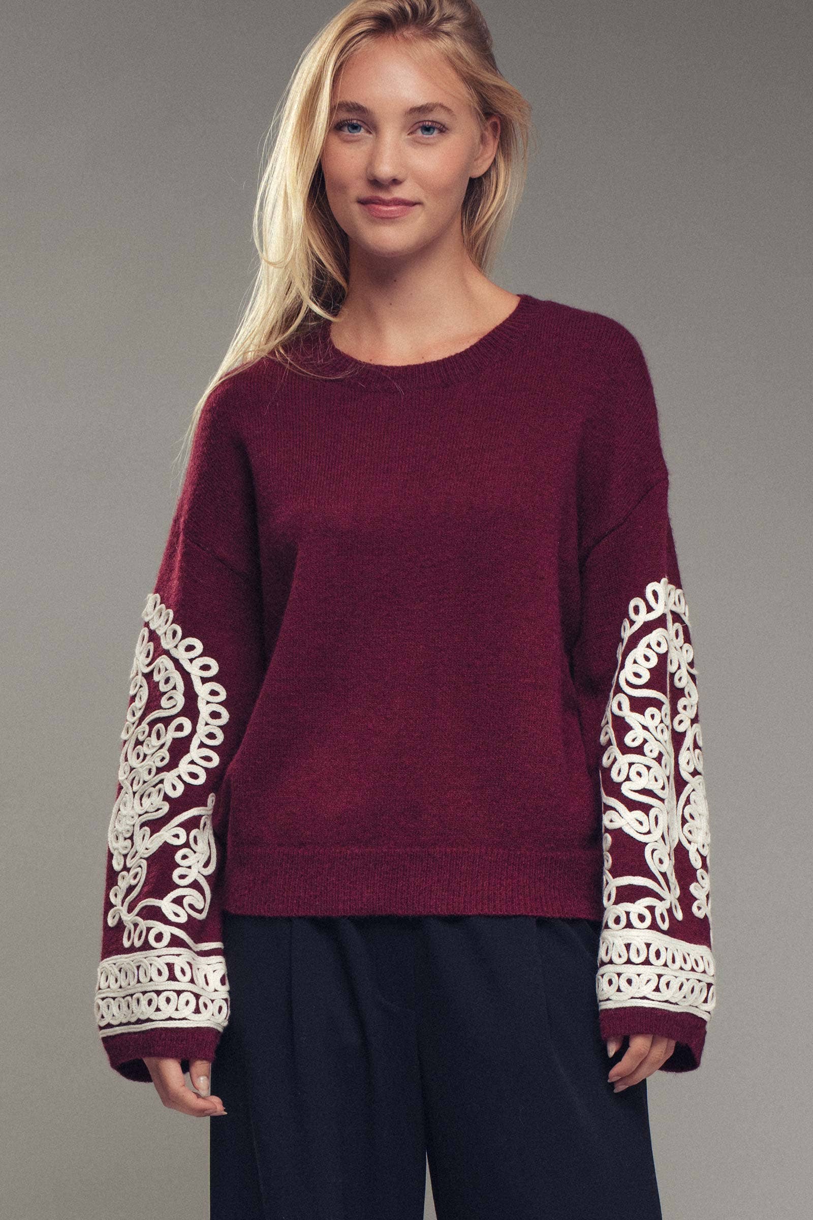 Urban Daizy Embroidered Sleeve Ivory Knit Sweater Ivory-Black Knit Sweater - Women's (UDZ-KN-00654) – alternate view 15