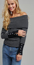Off-Shoulder Striped Knit Top with Button Cuffs in BLACK - Women's Sweaters | Urban Daizy