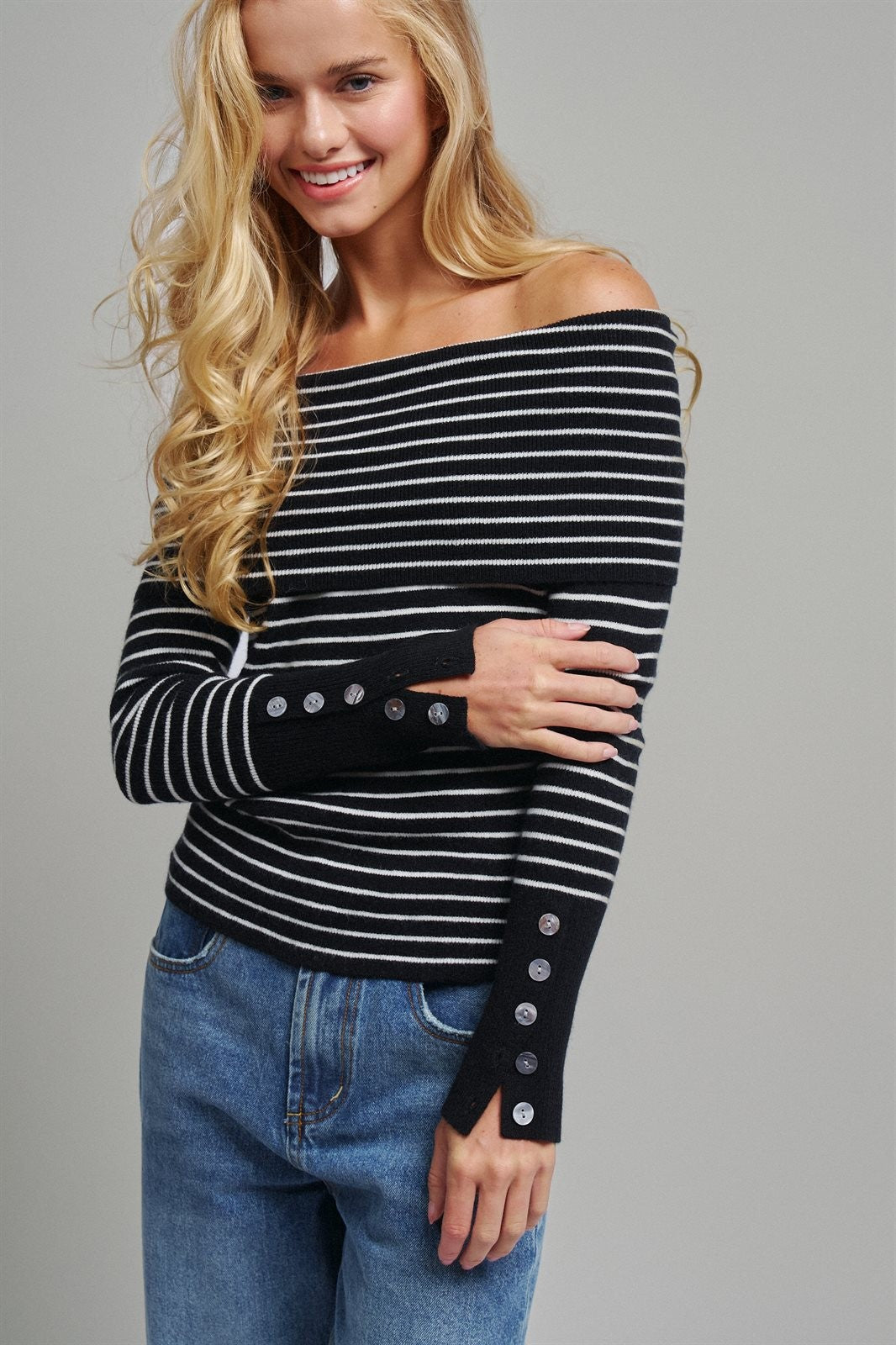 Off-Shoulder Striped Knit Top with Button Cuffs in BLACK - Women's Sweaters | Urban Daizy