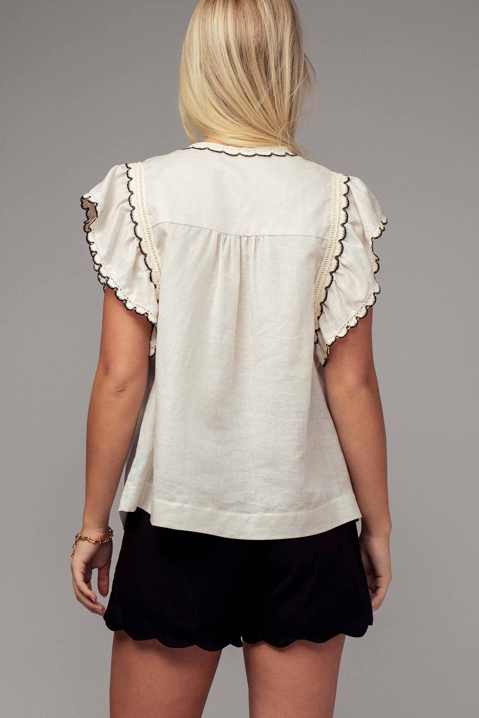 Urban Daizy Lace Trim Pintuck Flutter Sleeve Blouse Black Blouse - Women's (UDZ-TP-00810) – alternate view 10