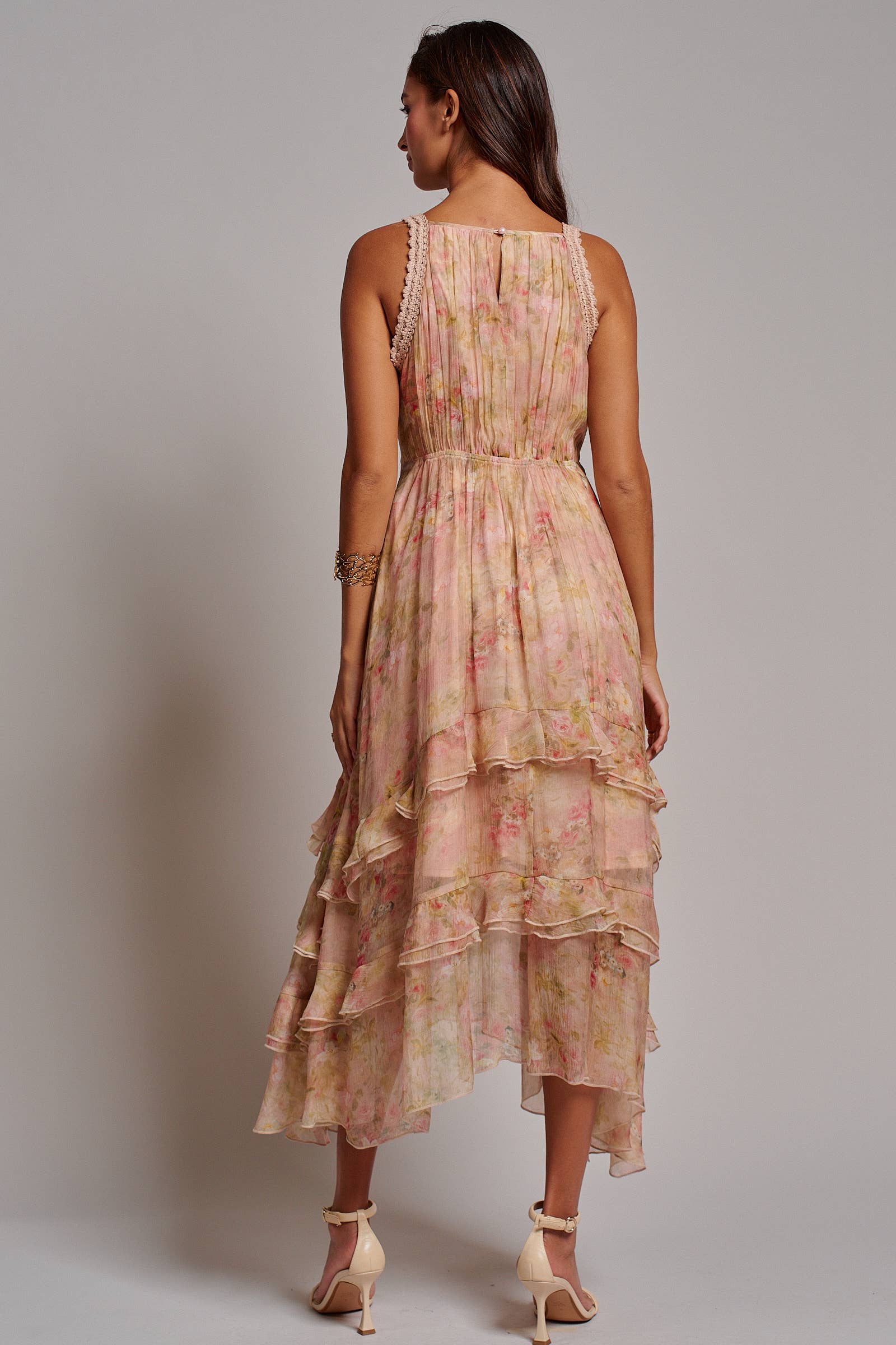 Floral Waterfall Ruffle Midi Dress Crochet Trim
