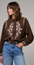Embroidered Corduroy Western Shirt with Floral Stitch in BROWN - Women's Shirts & Blouses | Urban Daizy