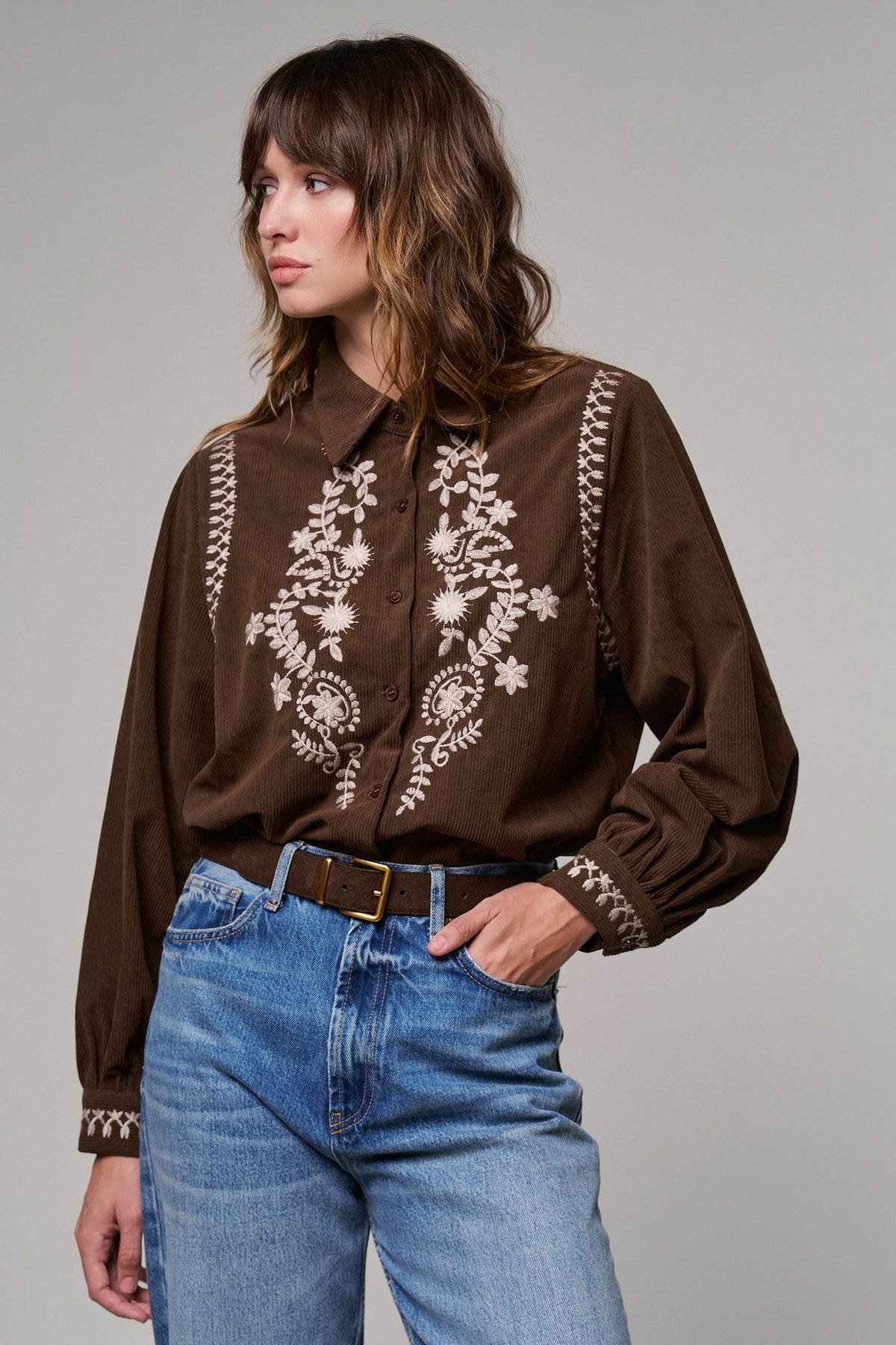 Embroidered Corduroy Western Shirt with Floral Stitch in BROWN - Women's Shirts & Blouses | Urban Daizy
