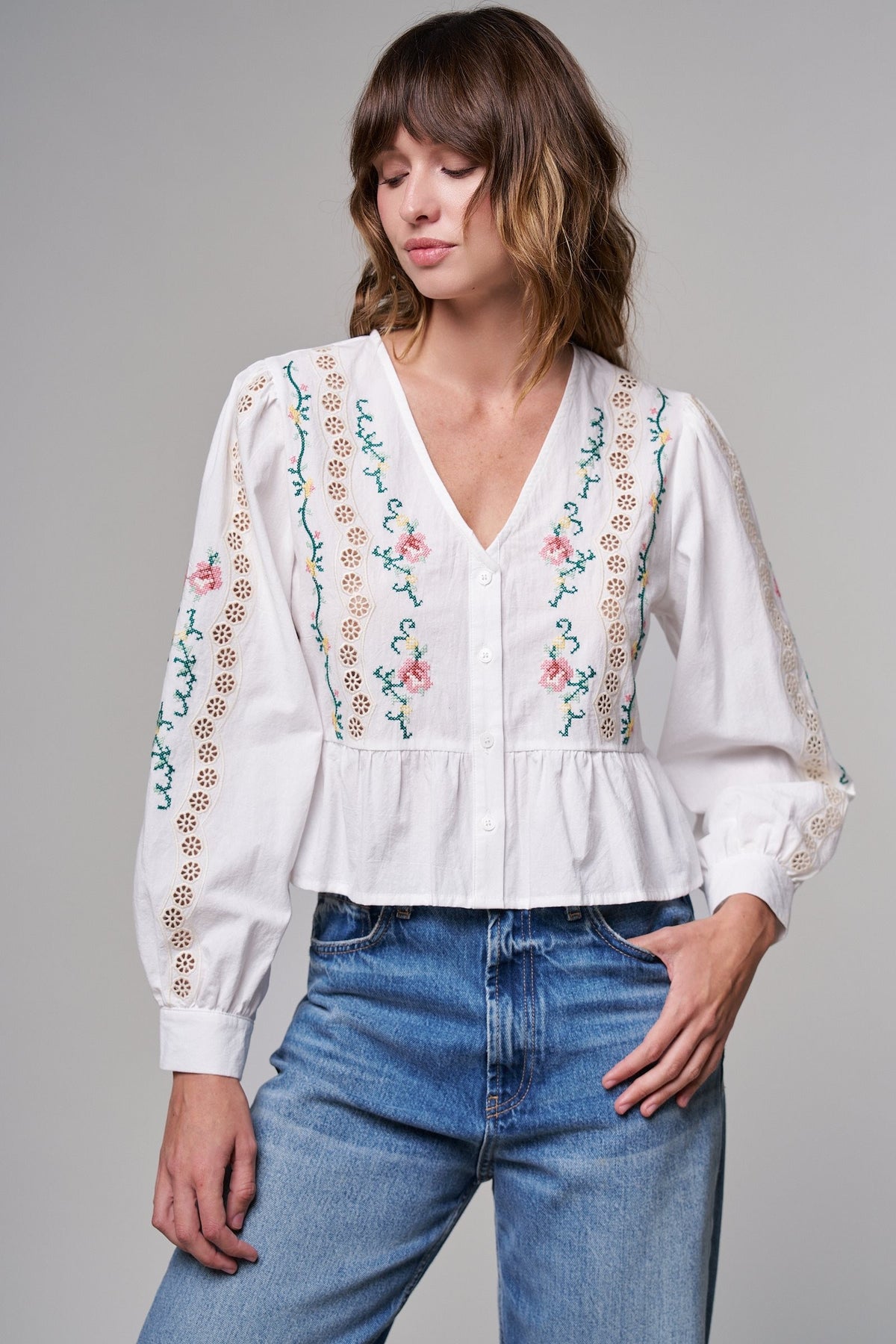 Folk Song Embroidered Peplum Blouse in WHITE - Women's Shirts & Blouses | Urban Daizy